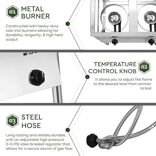 Miniatura 6 de HOMIRA Freidora de propano de dos tanques de acero inoxidable con termómetro, 2 cestas de acero inoxidable y tapas Freidora de pescado con regulador