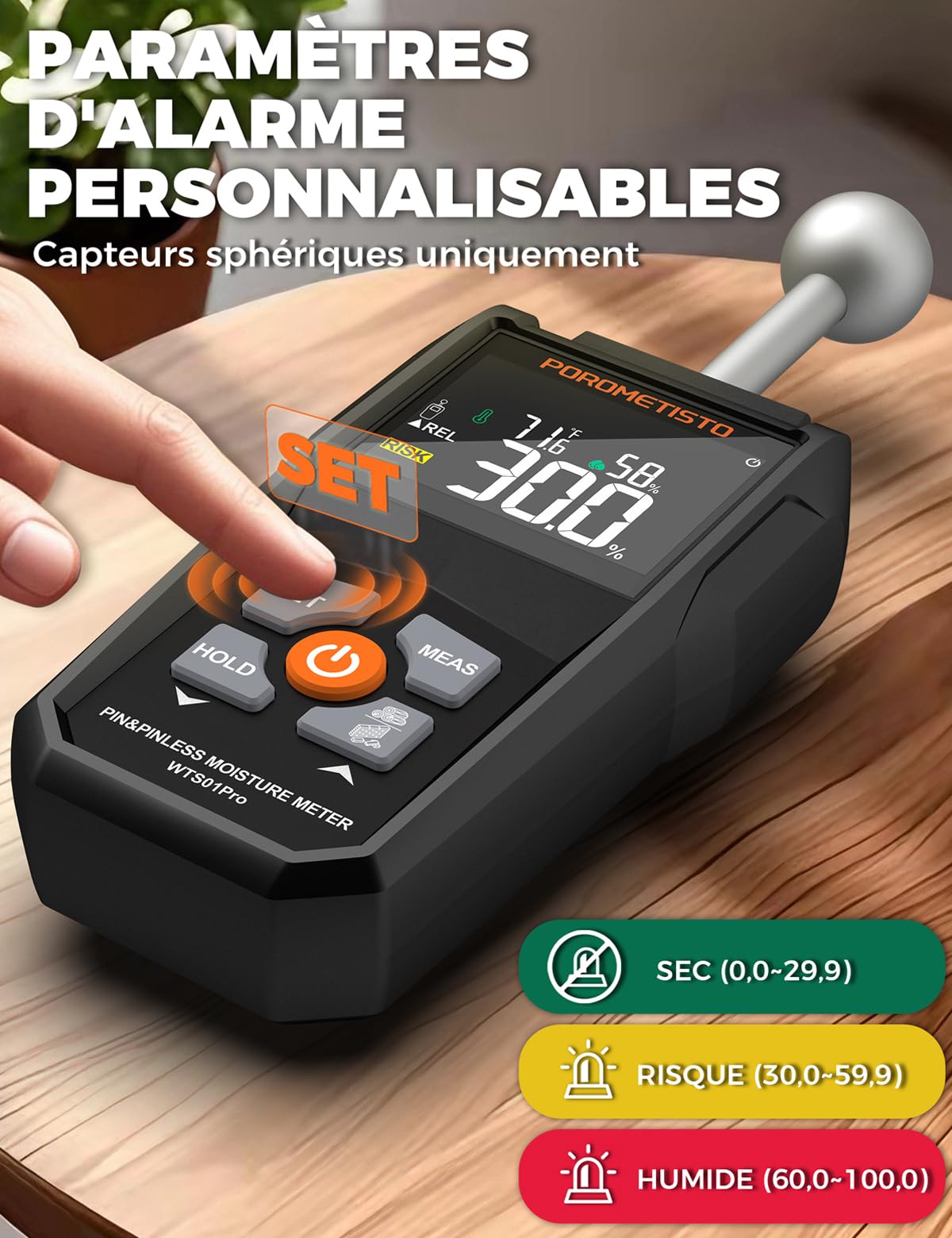 2 en 1 Testeur Humidité Sondes Sphérique et à Aiguilles,POROMETISTO | Testeur Humidité Mur de qualité industrielle,Testeur Humidité Bois, Détecte 20-40 mm Pour Bois,Mur,Plâtre,Parquet