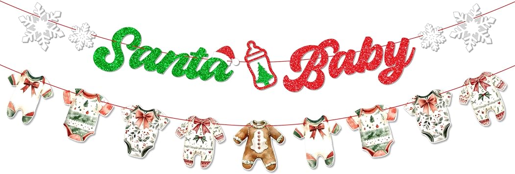 Christmas Santa Baby Banner Set, Santa Baby Glitter Text with Onesie Garland, Red and Green Winter Holiday Christmas Baby Shower Decoration