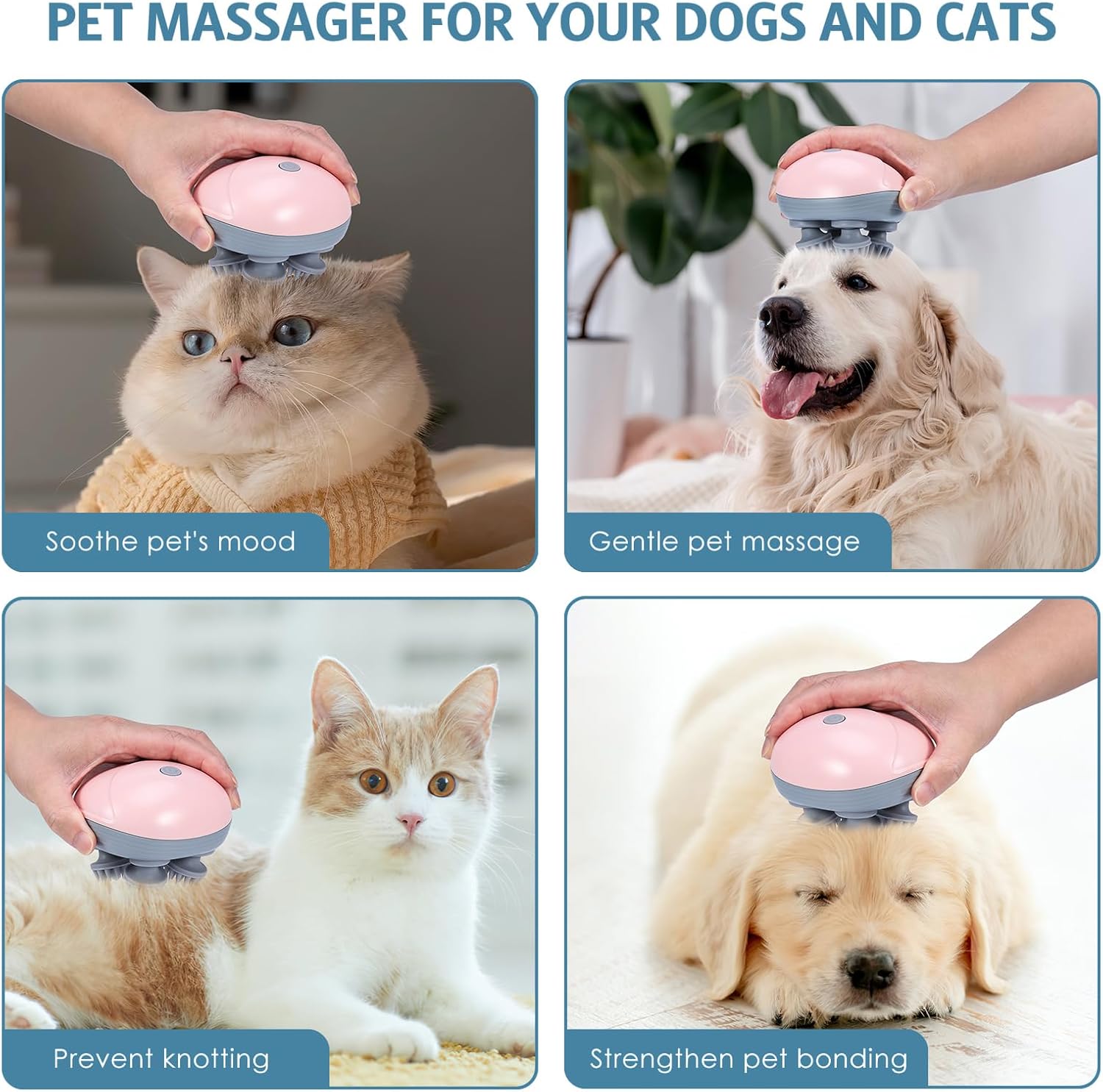 Upgraded Handheld Pet Massager for Dogs and Cats, Electric Cat Dog Massager, with 4 Rotatable Massage Heads, Three Modes, for Relieving Tight Stiffness Muscles, Promote Bonding