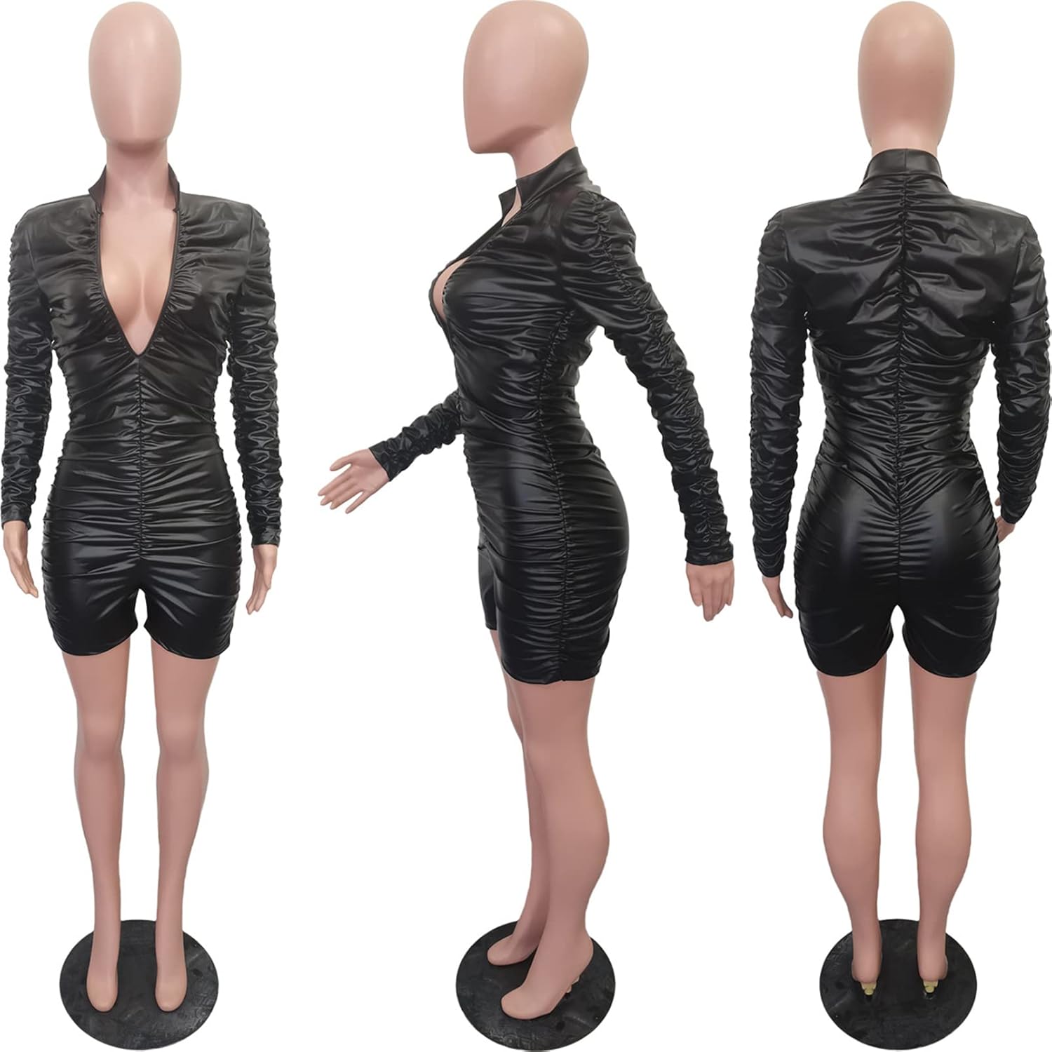Womens Sexy Long Sleeve Deep V Neck PU Leather Ruched Ruffles Bodycon Shorts Party Clubwear Jumpsuit Rompers - Image 4