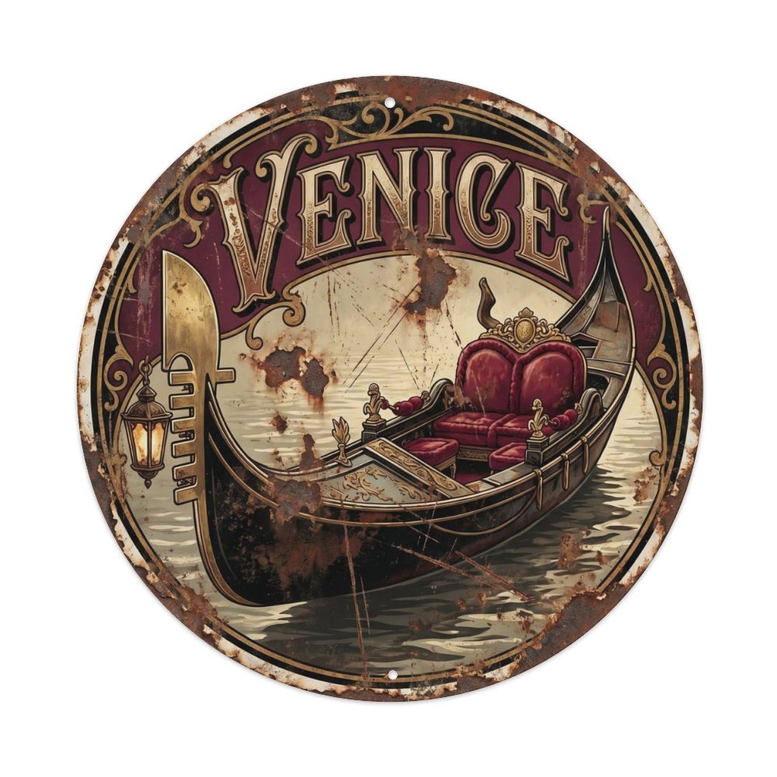 Venezia Gondola Canal Heritage Vintage Italian Tourism Nostalgic Metal Tin Sign Plaque Wall Decor for Cafe, Man Cave, Club Bar, Office, Home Garden Round Metal Poster 8x8Inch