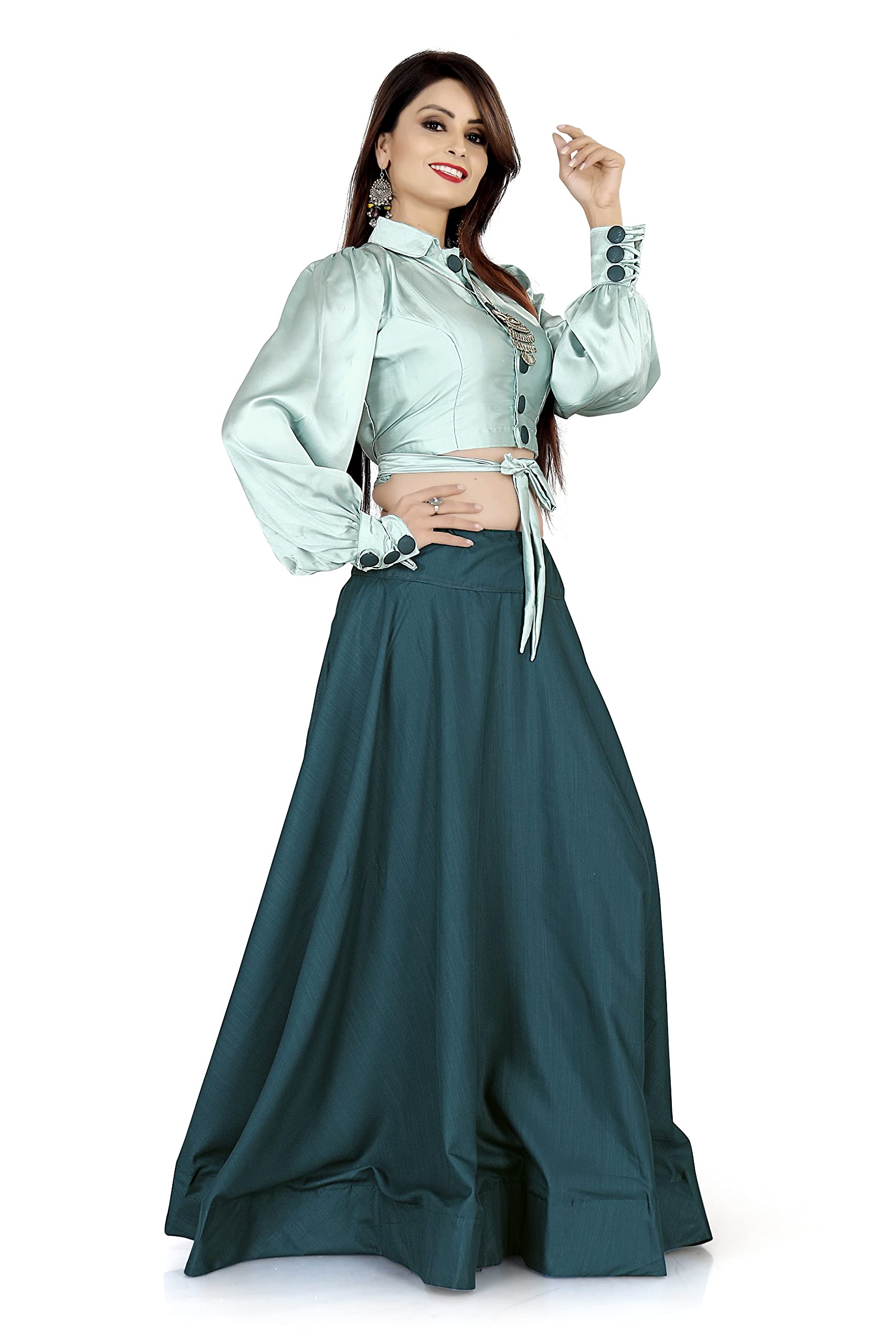 Pratiksha Creation™ Crep Slik Printed Regular Fit Slim Fit Crop Top Lehenga Women's Lehenga Cholis Classic round neck Crop Top for casual wear Fully Stitched