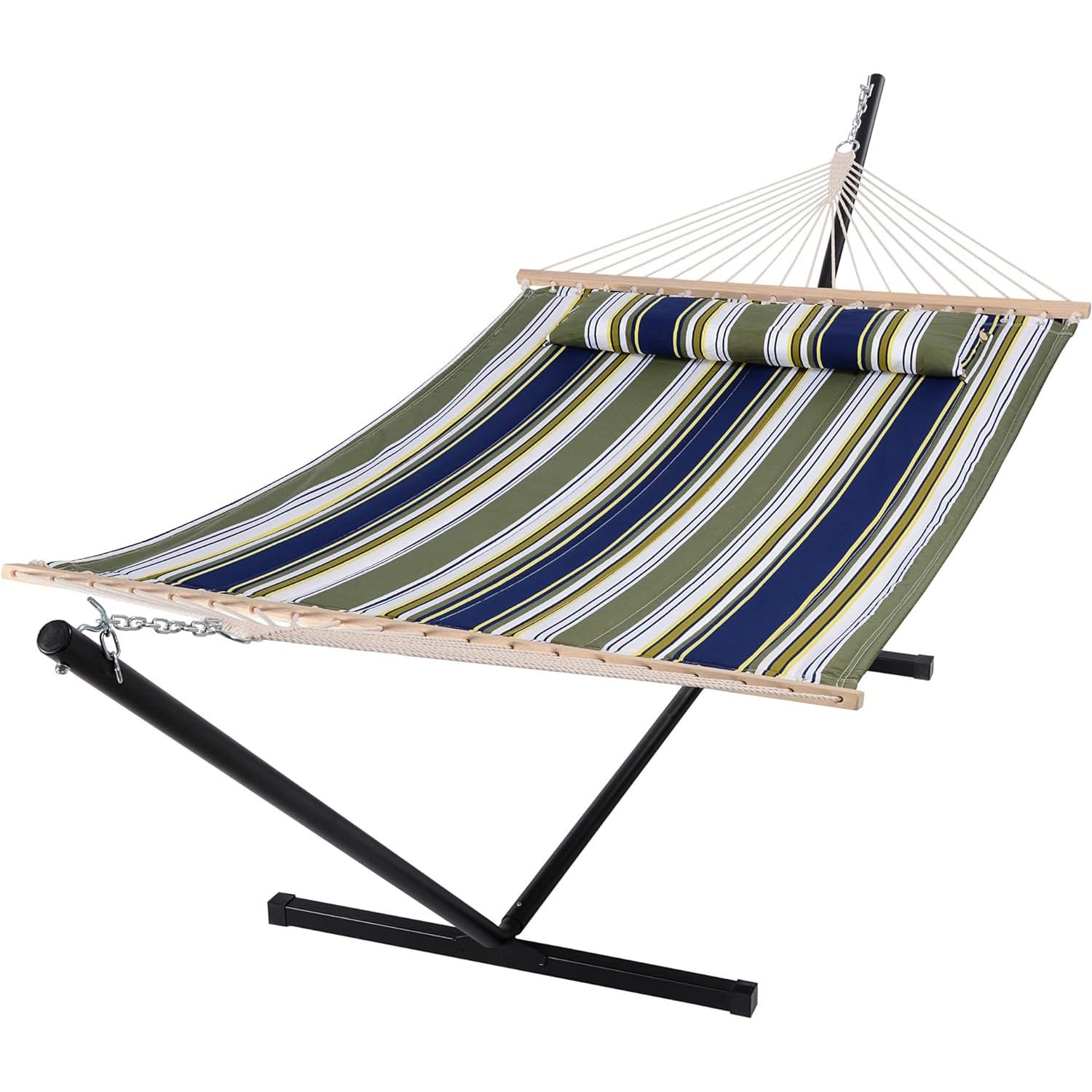 Hamac double avec support – Hamac portable robuste pour une utilisation en extérieur et intérieur, capacité de 250 kg, corde en coton avec rembourrage matelassé et barres d'épandage en bois dur