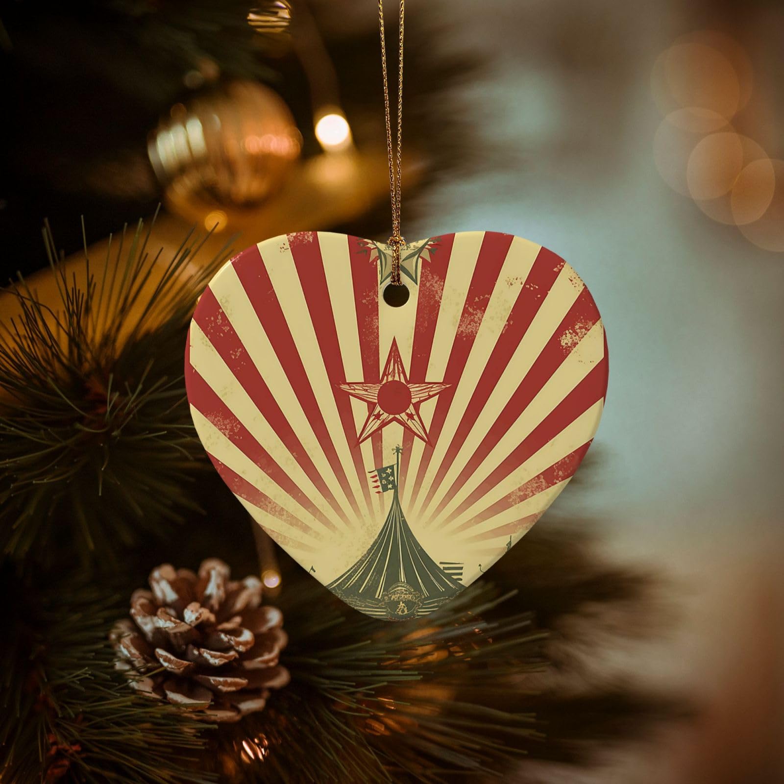 Christmas Ornaments for Christmas Tree Decoration Hanging Vintage Circus Background Ornament with Gold Ribbon Crafts Heart Shape Ceramic Pendant for Keepsake Gifts Xmas Decor Party Supplies