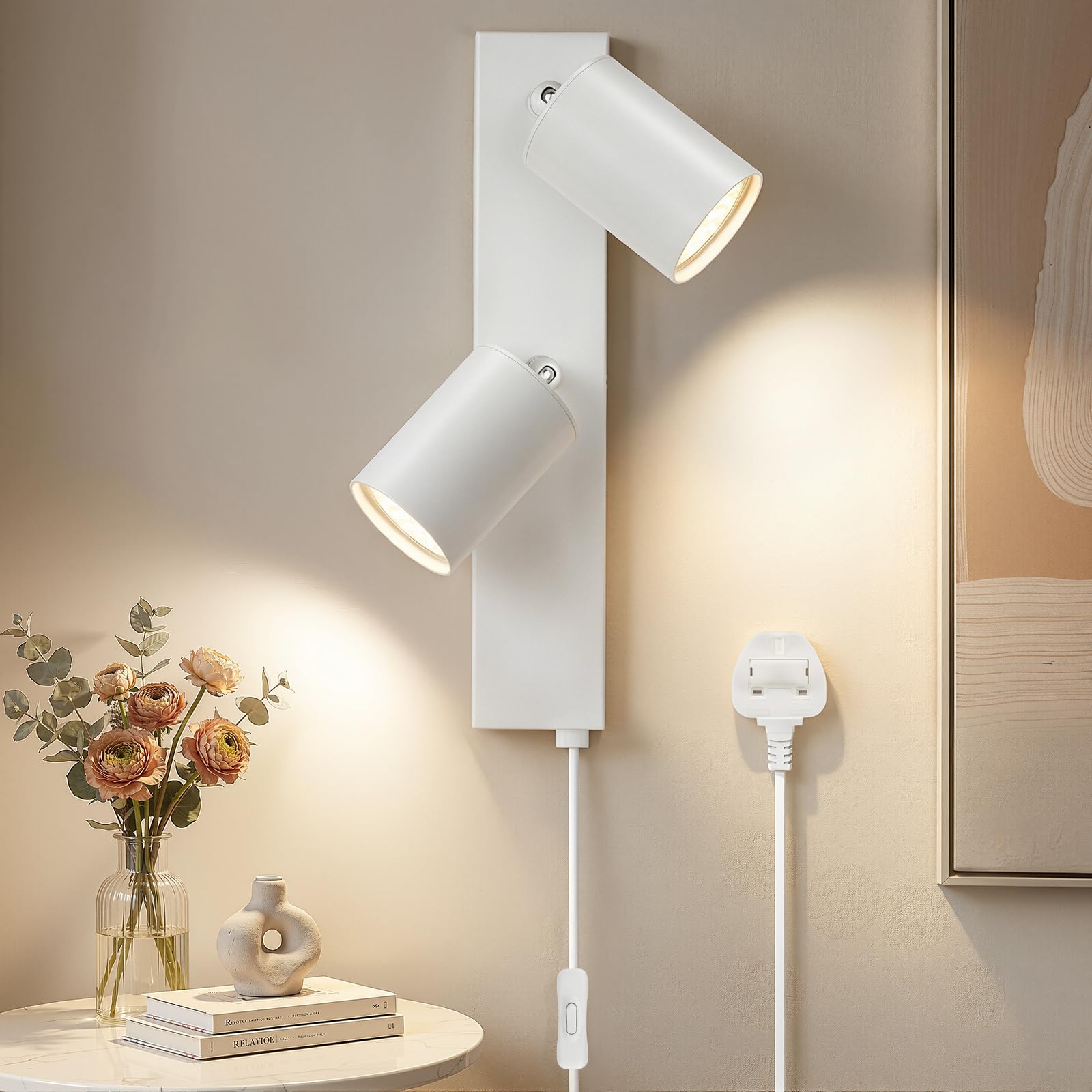 TaoFiaCo 2 Way White Plug in Wall Lights GU10 - Modern Wall Lamp with Plug 350ยฐ Adjustable - 7W Indoor Plug in Wall Light for Bedroom Living Room Kitchen Desk Picture - Bulb Not Included