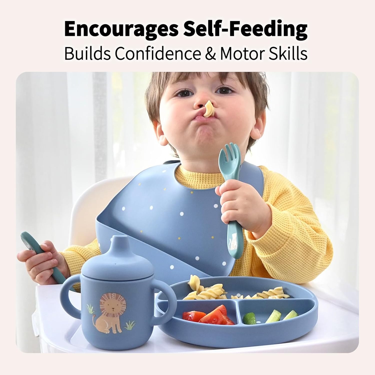 Little Rawr Baby Led Weaning Bundle, 100% Silicone Baby Feeding Set Includes Divided Plate, Suction Bowl, Straw Cup, Bib, Spoon & Fork, Develops Self Feeding Skills, Dishwasher Safe (Blue) - Image 3