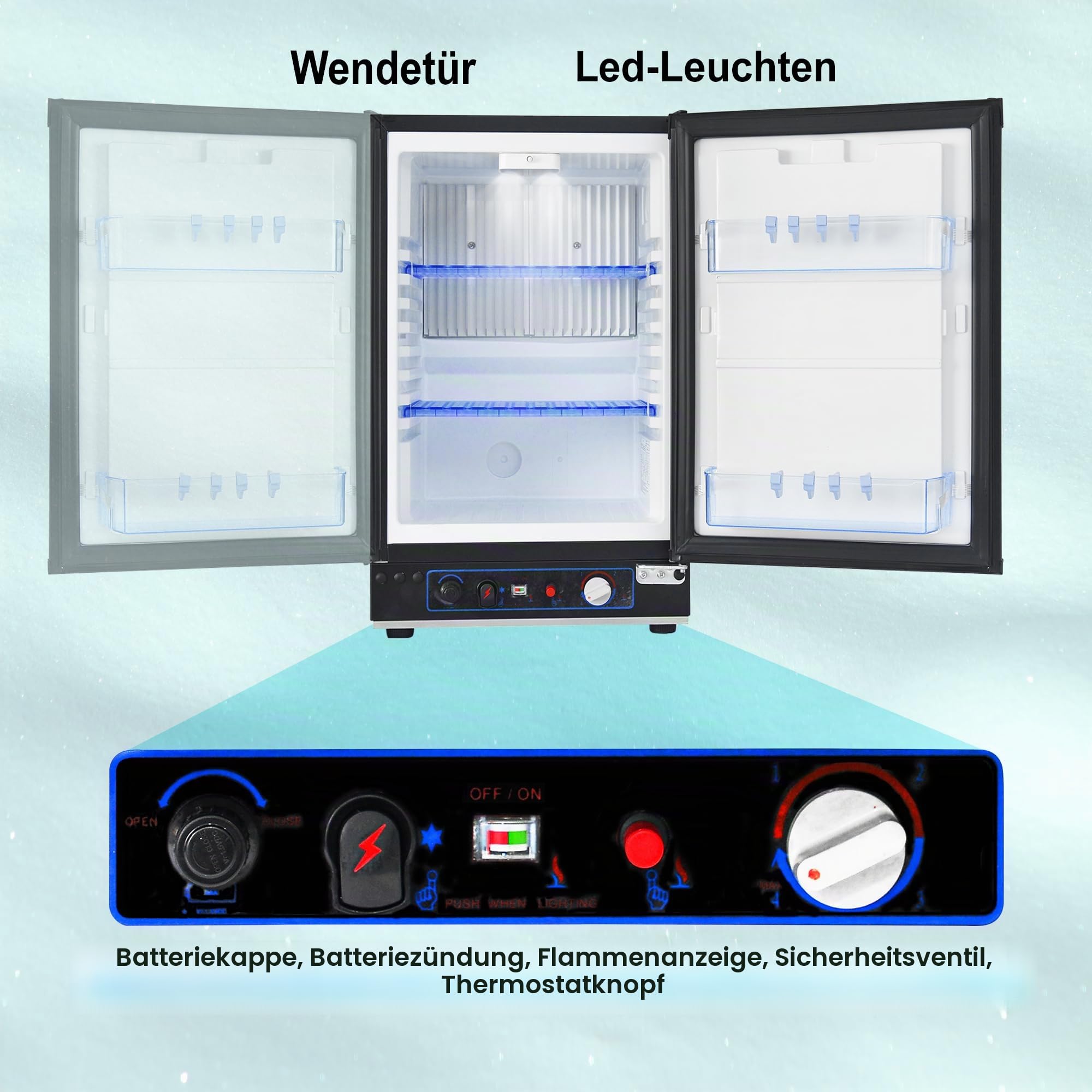 Smad Camping Gas Kühlschrank 12V 230V, 40L, 0-10℃, Leiser Absorber Wohnmobil Kühlschrank für Auto, Büro und Schlafzimmer, Wendetür, Schwarz