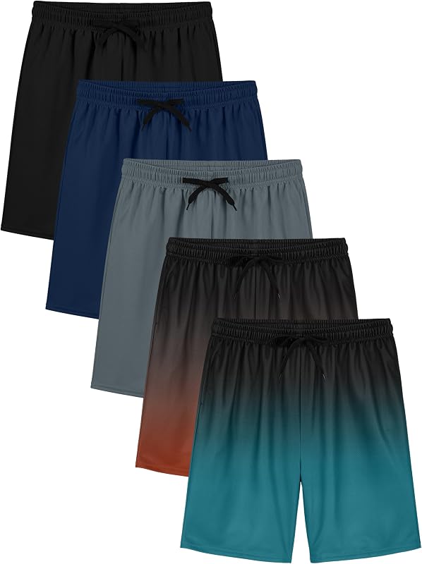 Resinta 5 Pack Boys Mesh Shorts Boys Quick Dry Athletic Pull-On Shorts with Elastic Waist for Summer Playwear