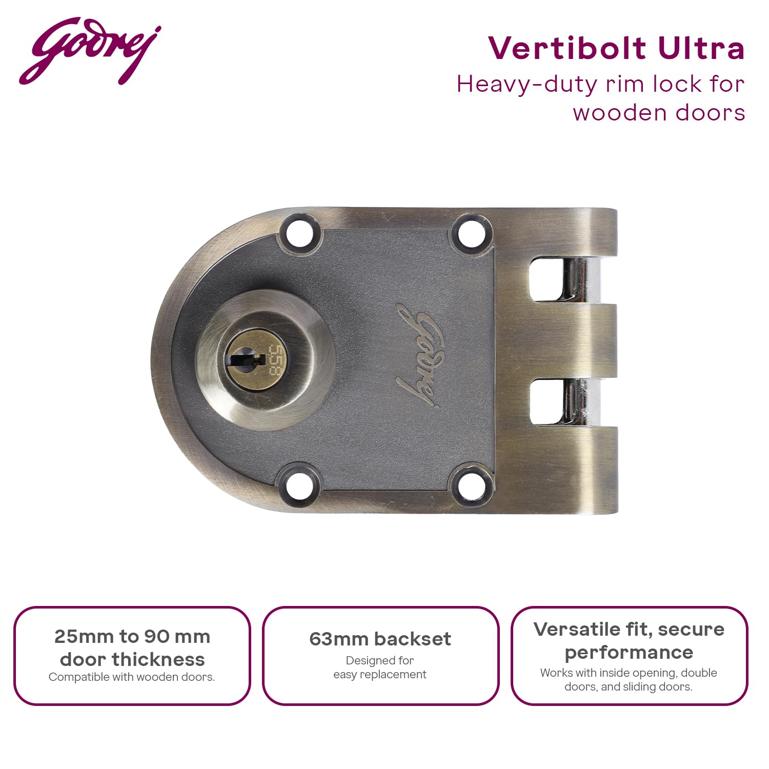 Godrej Rim Lock | Vertibolt Ultra | 2C Deadbolt | 14 Pin Cylinder | for Inside Opening, Double & Sliding Wooden Main Doors | 4 Keys | Manual Locking | Antique Brass Finish | 5 Year Warranty — Amazon image 5