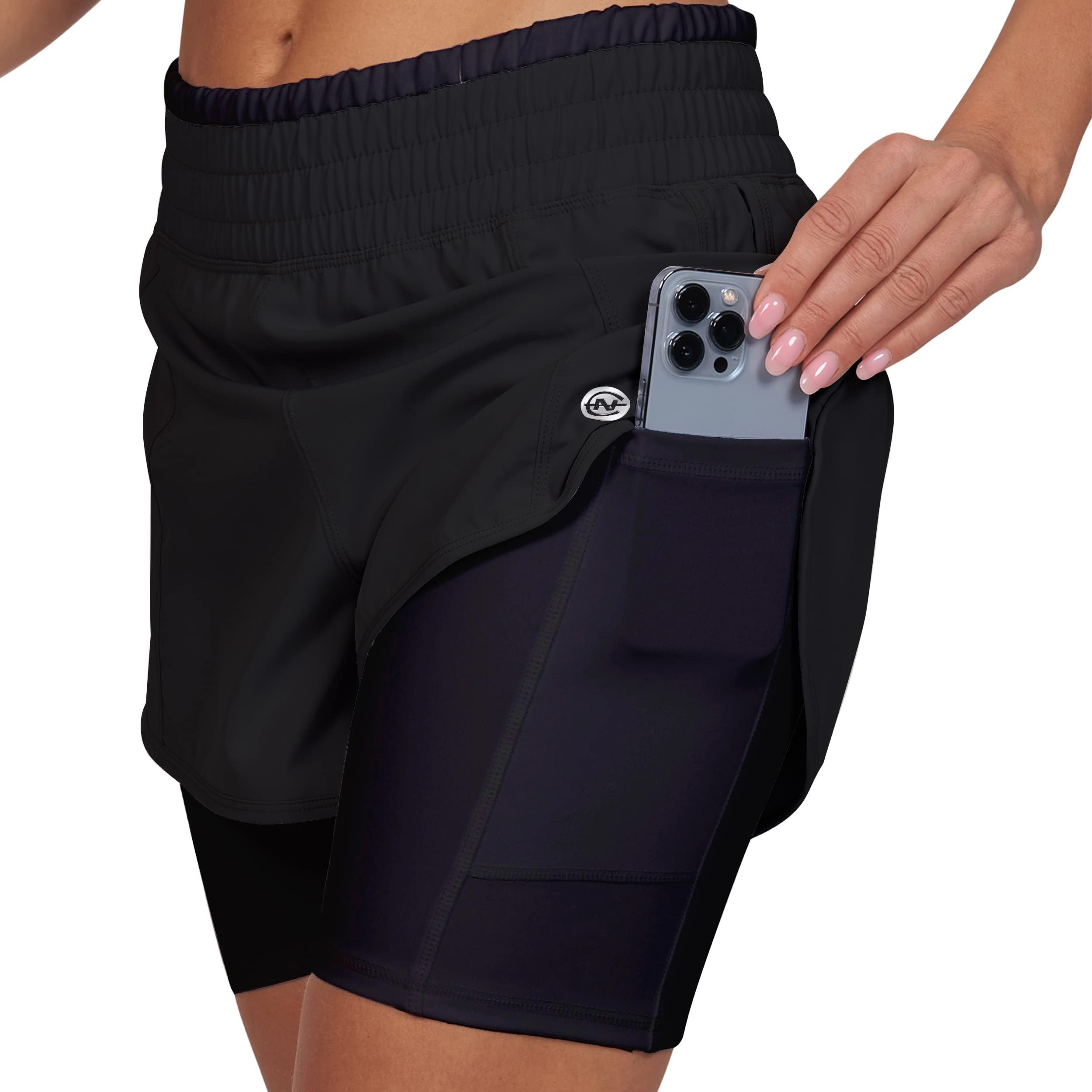NauticaWomen's Running Shorts Elastic High Waisted Dry-Fit Moisture Wicking Performance Workout Athletic Biker Compression Pocket