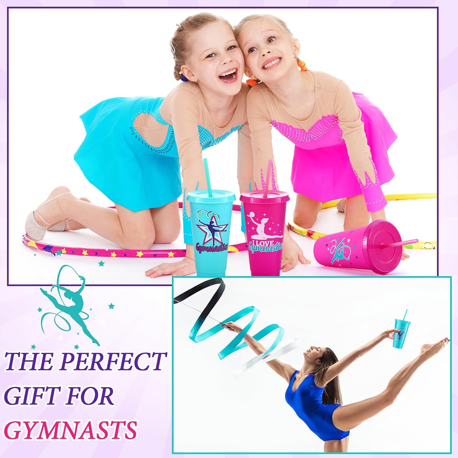 Nuogo 24 Pcs Gymnastics Party Favor Plastic Cups with Lids and Straws,24 oz Gymnastics Tumbler Cup Gymnastics Gifts for Adult Women Girl(Bright Colors)