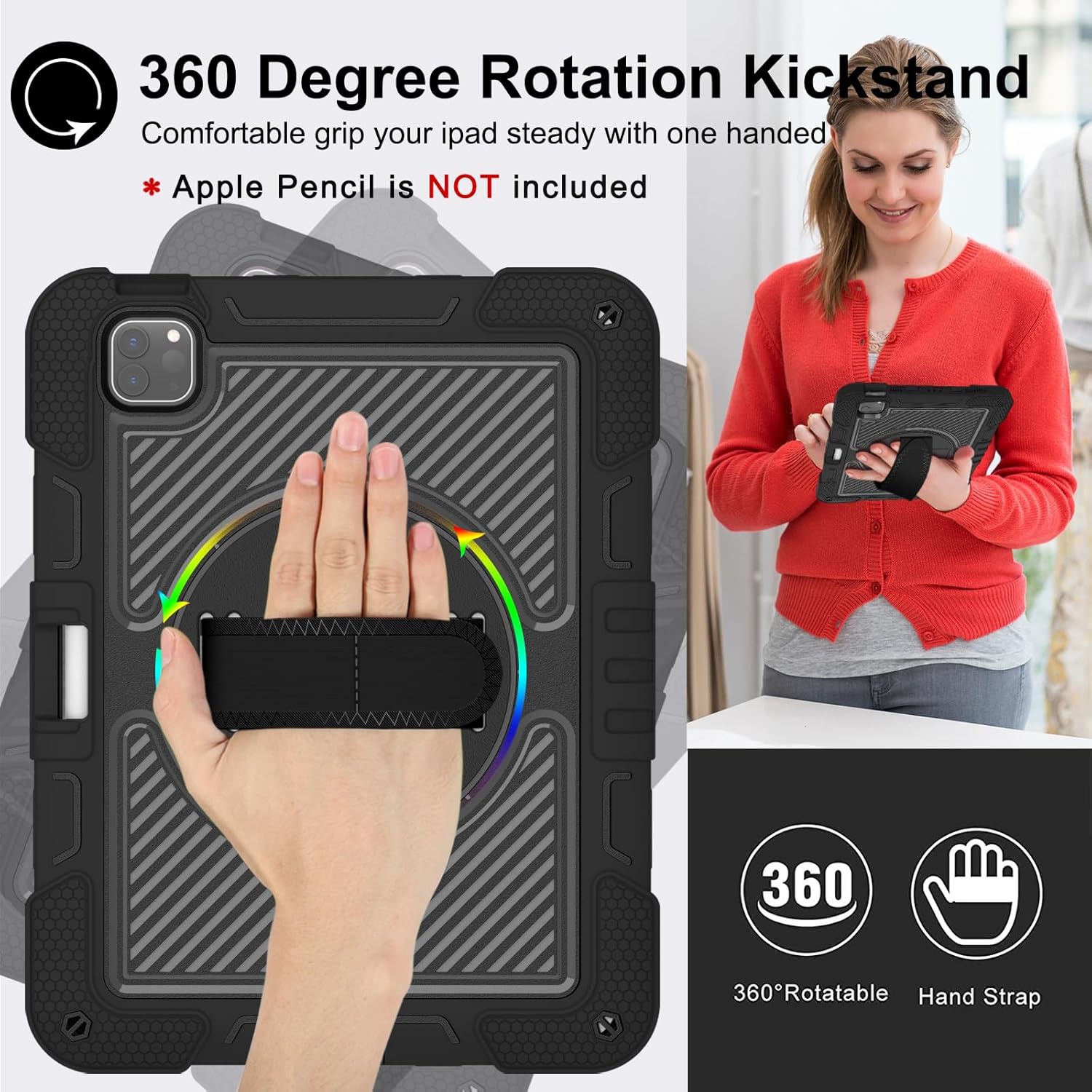 Tablet Case Compatible with iPad Pro 11 Inch Case M4 2024 5th Generation,Heavy Duty Shockproof Rugged Protection Case with Shoulder Strap Rotating Kickstand+Pencil Holder(Black)