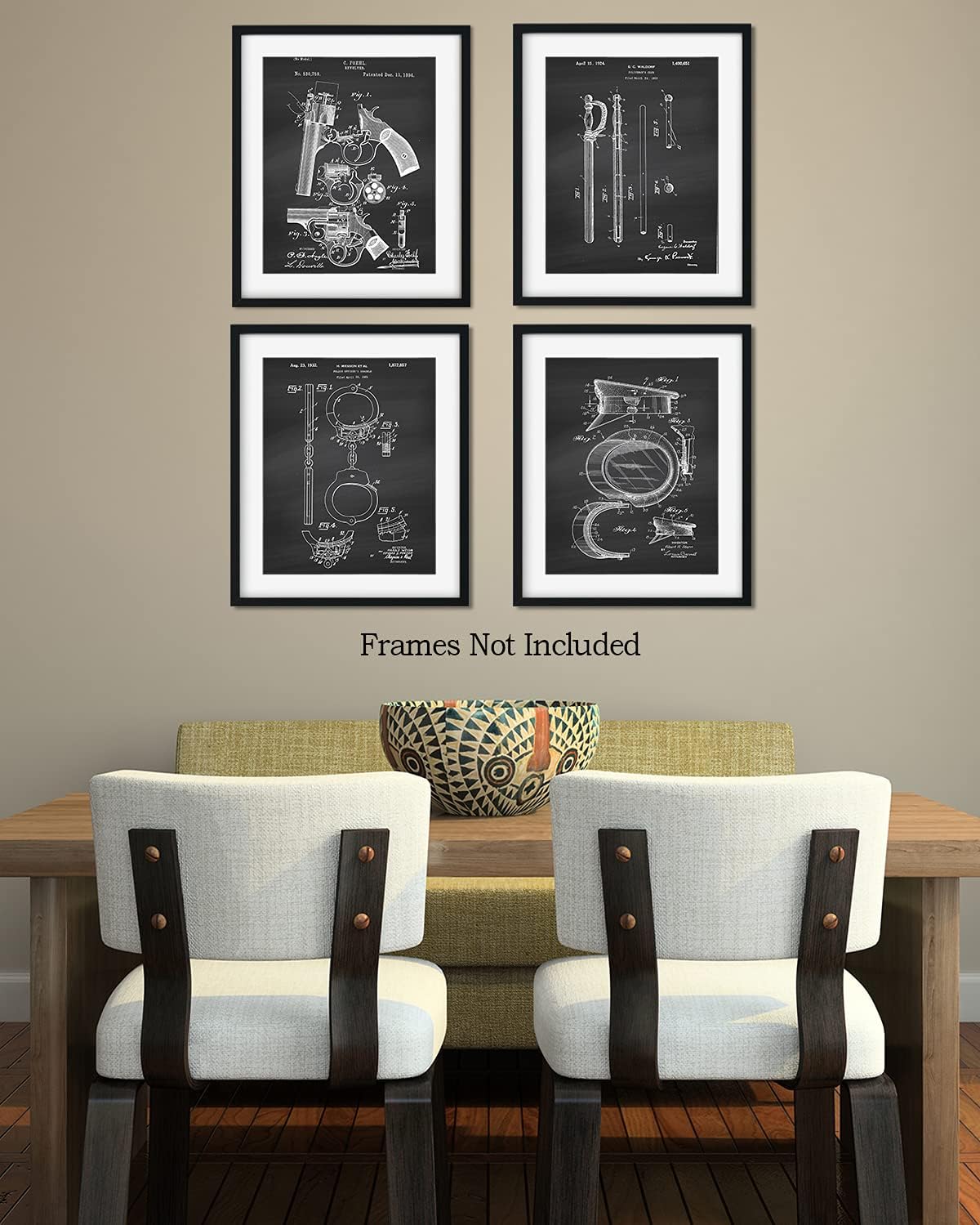 Govivo Police Patents - A Set of Four Police Gear Patents Wall Art Decor Prints with dark gray backgrounds - unframed artwork printed on photograph paper