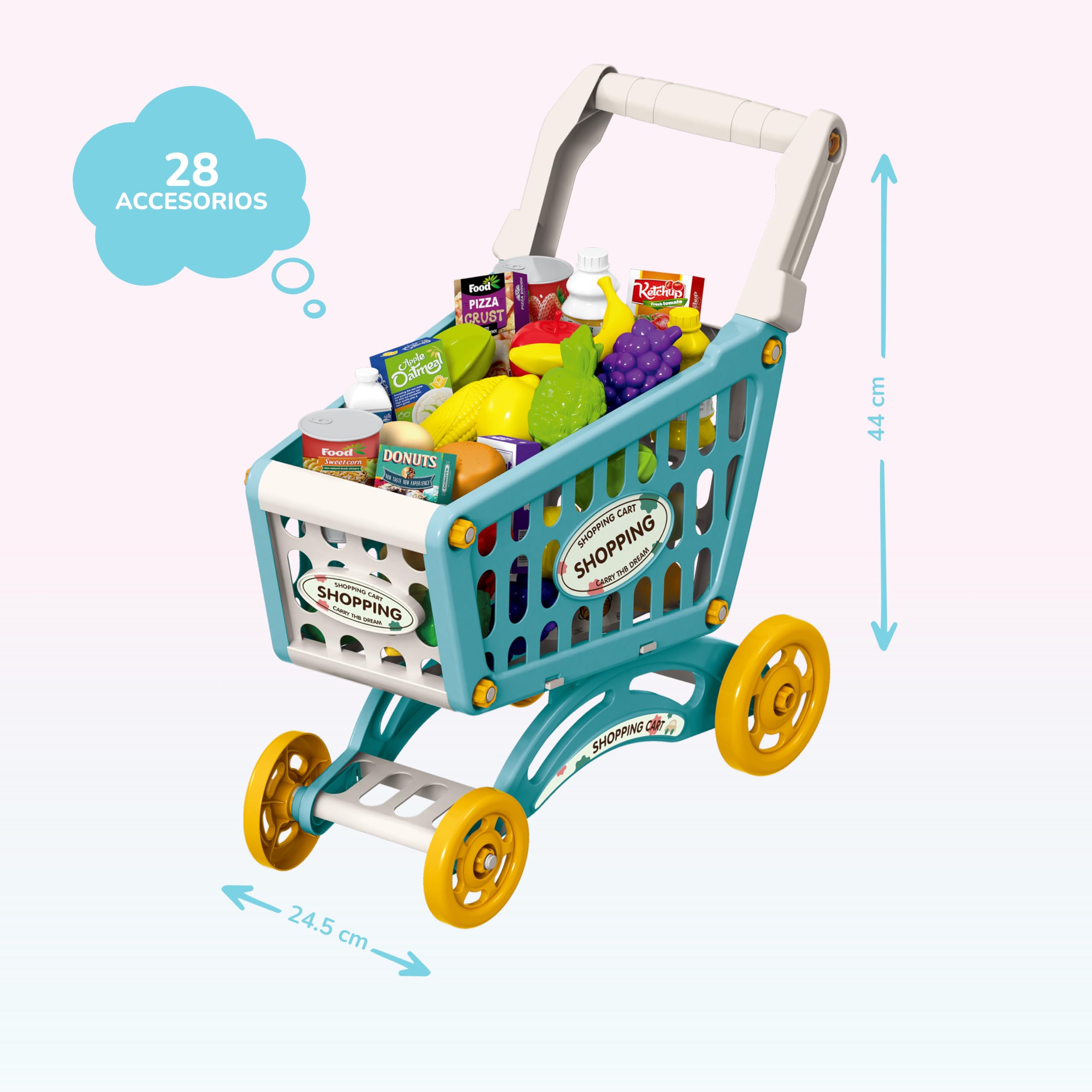 Carro de Compras de Juguete con Música - 28 Accesorios – Incluye Comida – Juguete Educativo para Niños y Niñas +3 Azul