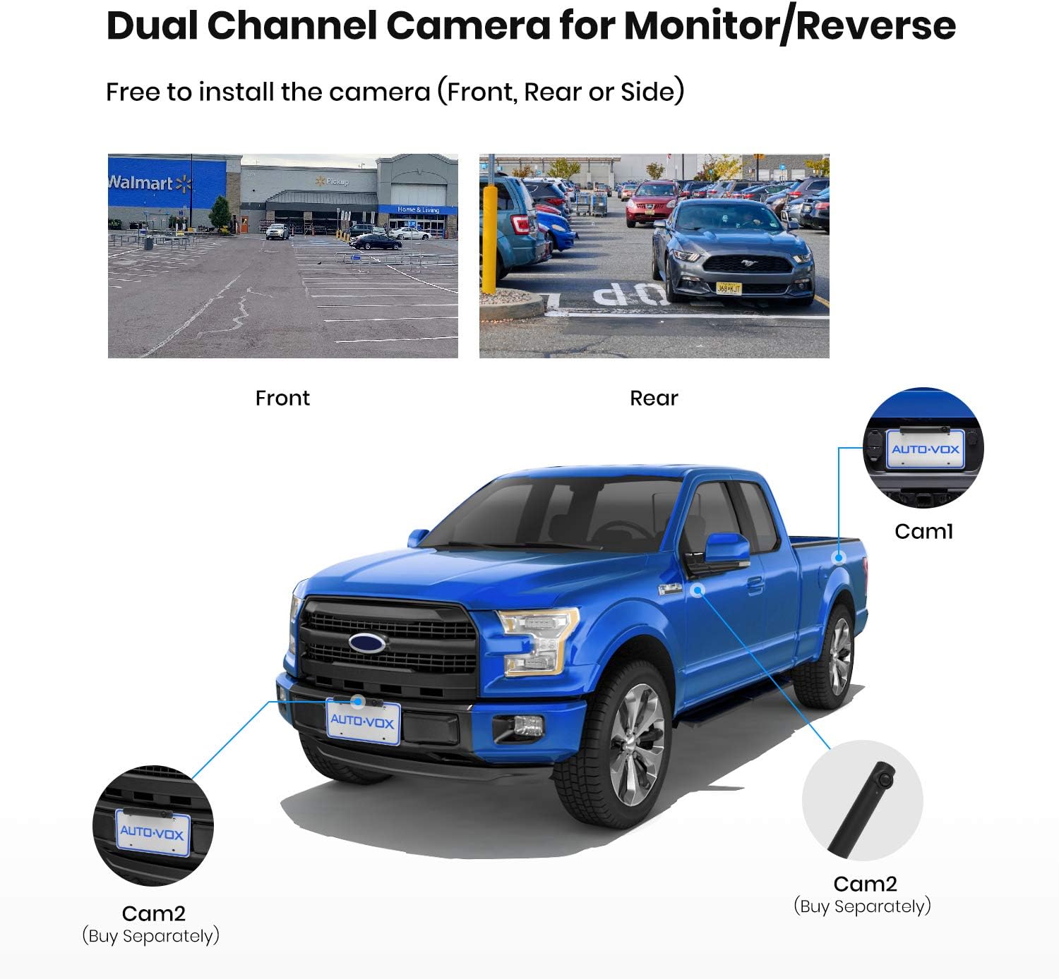 Diagram showing dual camera setup options for AUTO-VOX TW1