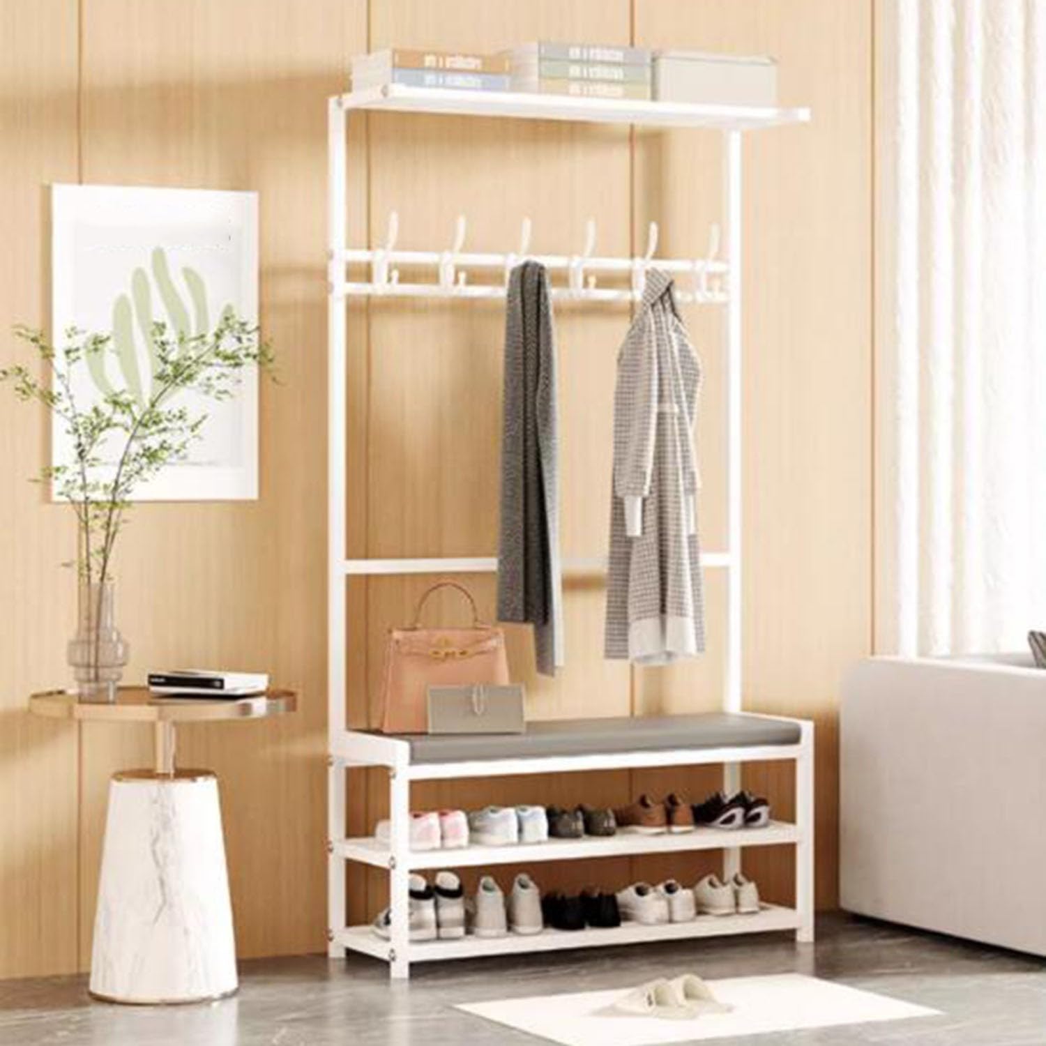 MYUYEE Metal Coat Rack With Shoe Bench And Hook, Multifunctional Entry Bench With Coat Rack, Lots Of Storage Space,Shoe Storage For 6-10 Pairs,Easy To Assemble For Living Room,(B-)