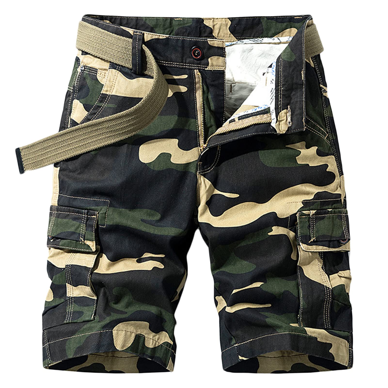 Men Camo Lightweight Cargo Shorts Multi Pocket Summer Camouflage Shorts Loose Fit Outdoor Short Pants No Belt (Khaki,28)