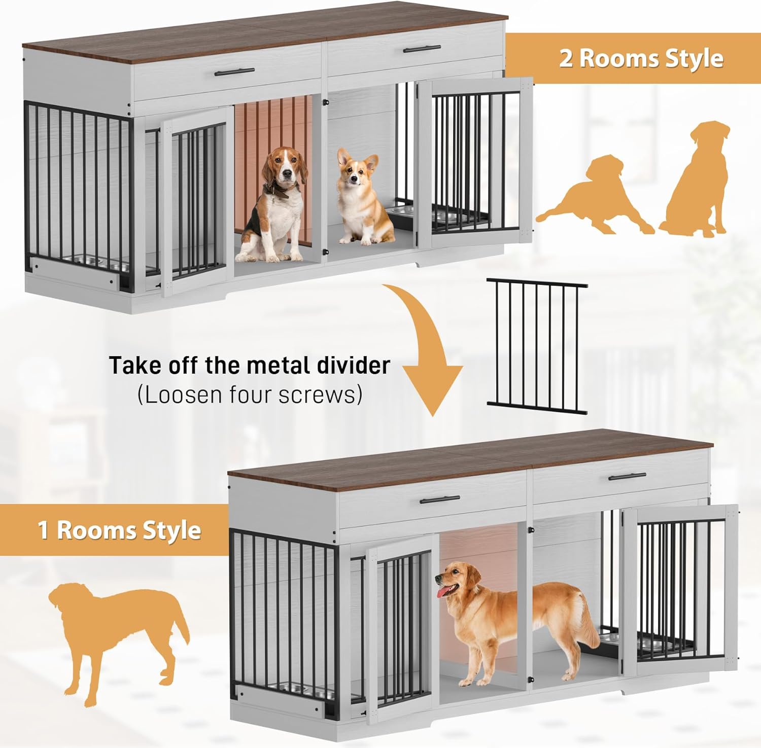 OUYESSIR Dog Crate Furniture, 72.05 Inch Large Dog Kennel with Dog Bowls & 2 Drawers, Wooden Double Dog House with Doors & Divider, Indoor Heavy Duty Dog Cage for Medium Large Dogs, White