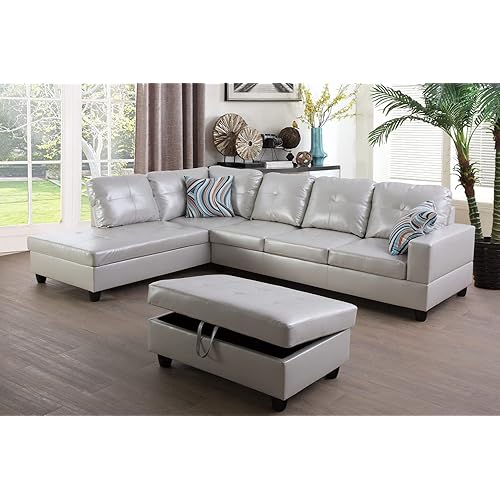 Leather Sectional Couch for Living Room Set,Sectional Sofa L Shape Couch with Storage Ottoman/Silver Grey Faux Leather/Facing Left Chaise
