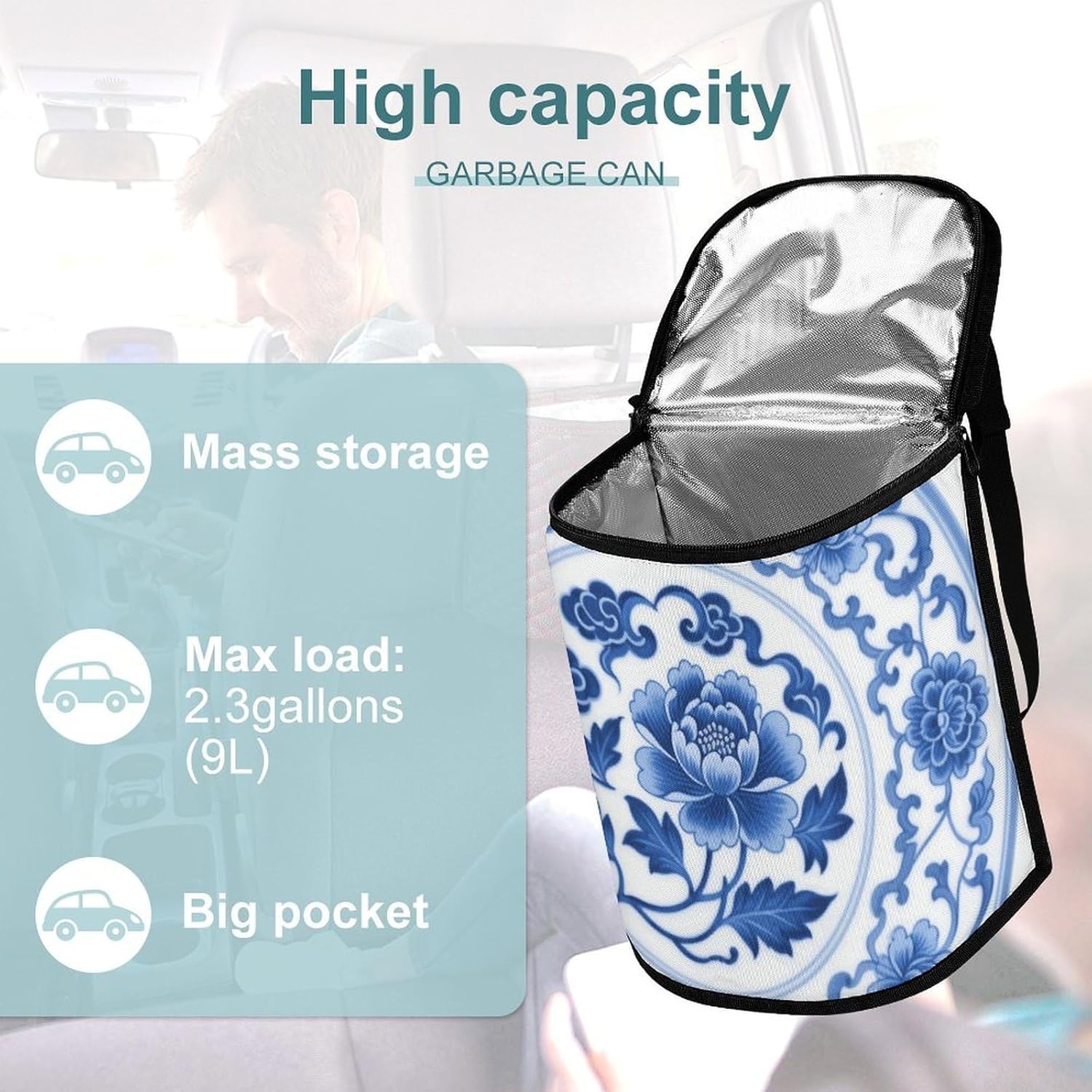 MUSM Leakproof Car Trash Can 2.5 Gallon, Durable Automotive Garbage Bag with Waterproof Liner, Blue White Porcelain Trash Bag for Car, Truck, RV & Bathroom
