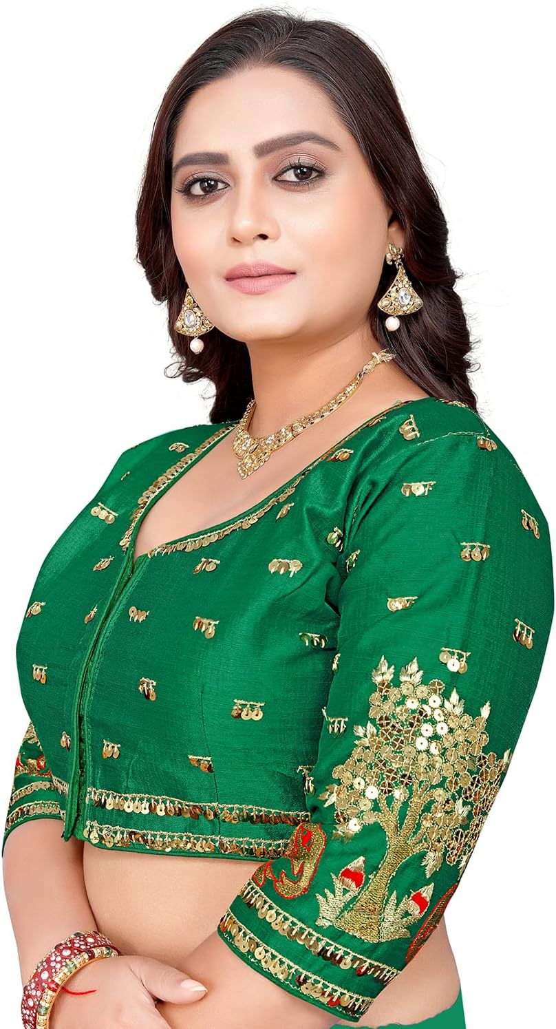 leeza storeWomen's Cotton Silk Blend Multicolor Tree Pattern Embroidered Ready to Wear Blouse, Green, 38