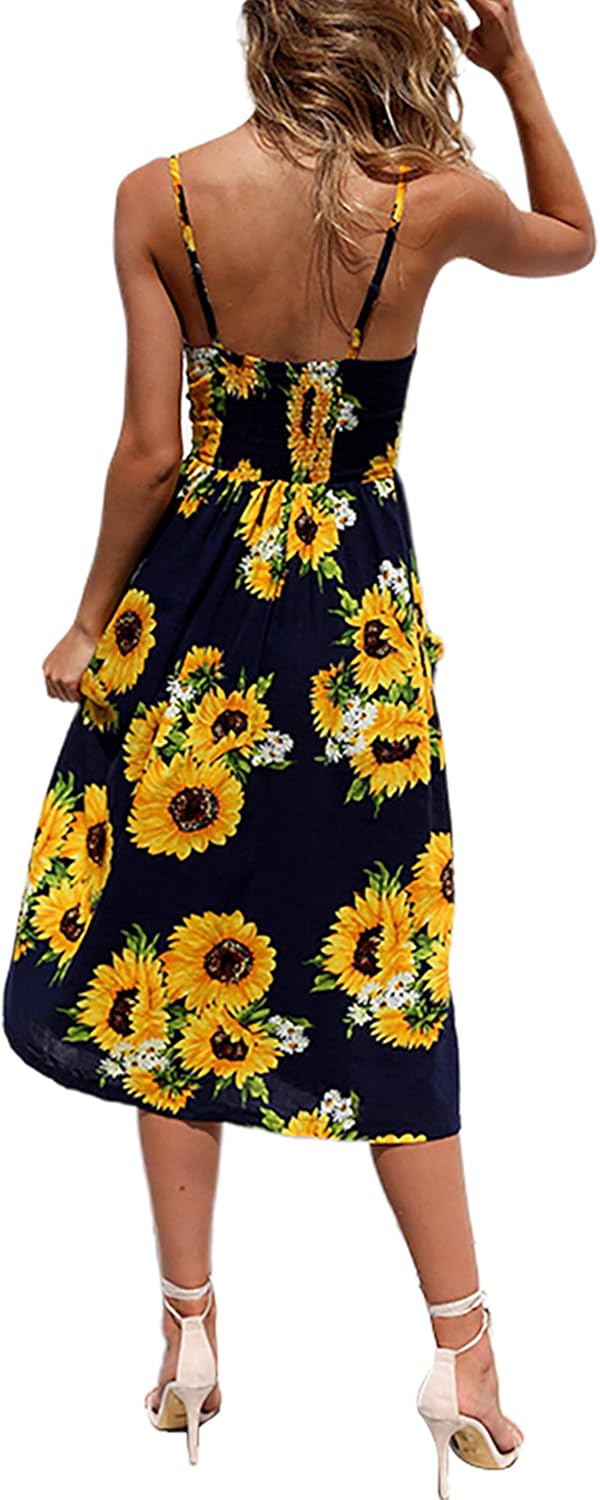 X-Image Women's Casual Summer Floral Bohemian Spaghetti Button Down Dress