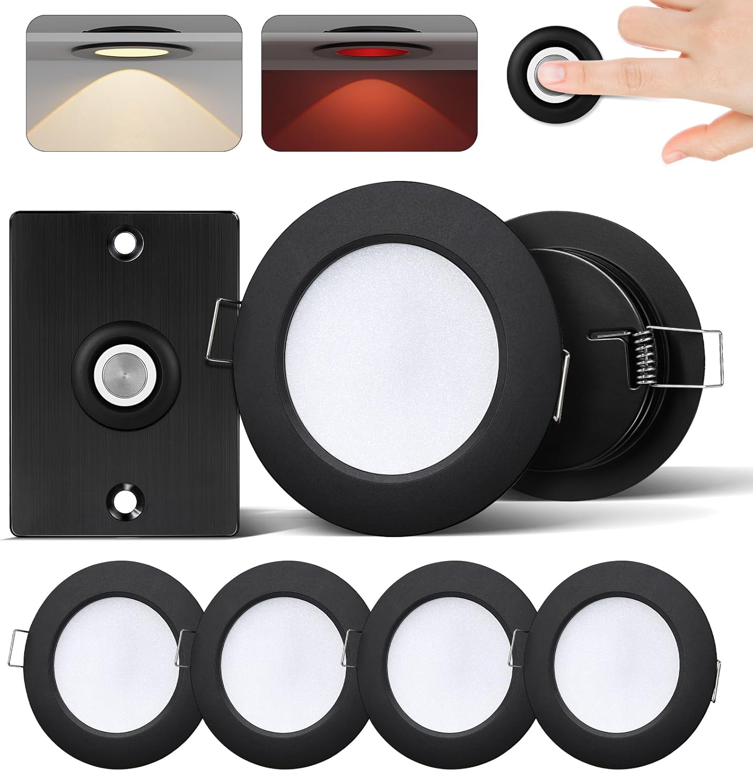 RV 3” Recessed Puck Light Kit, 12V Red LED Puck Light Full Aluminum for Boat Camper Van Trailer Motorhome, 3W CRI90+ Dual Color (12V Dimmer included) (4Pcs Black 3000K)