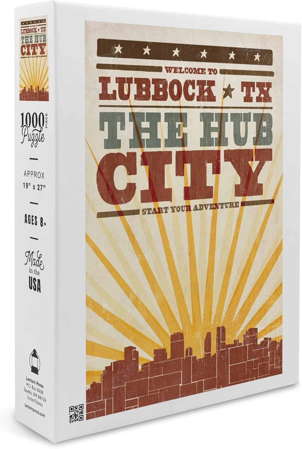 Lubbock, Texas, Skyline and Sunburst Screenprint Style