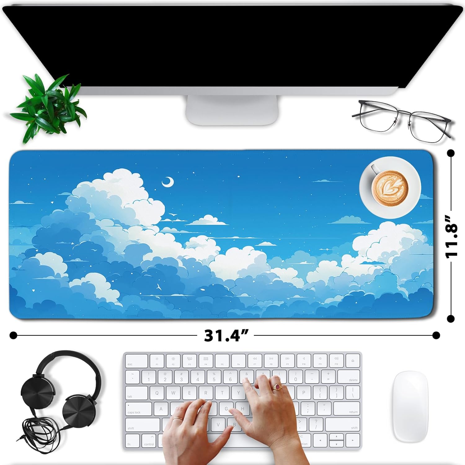 Cloud Gaming Mouse Pads Large, Cloud Aesthetics Mousepad with Non Slip Base Stitched Edges, Extended Desk Mats for Computer Laptop, Blue Sky Keyboard Pad for Home Office 11.8”x 31.4”XL - Image 2