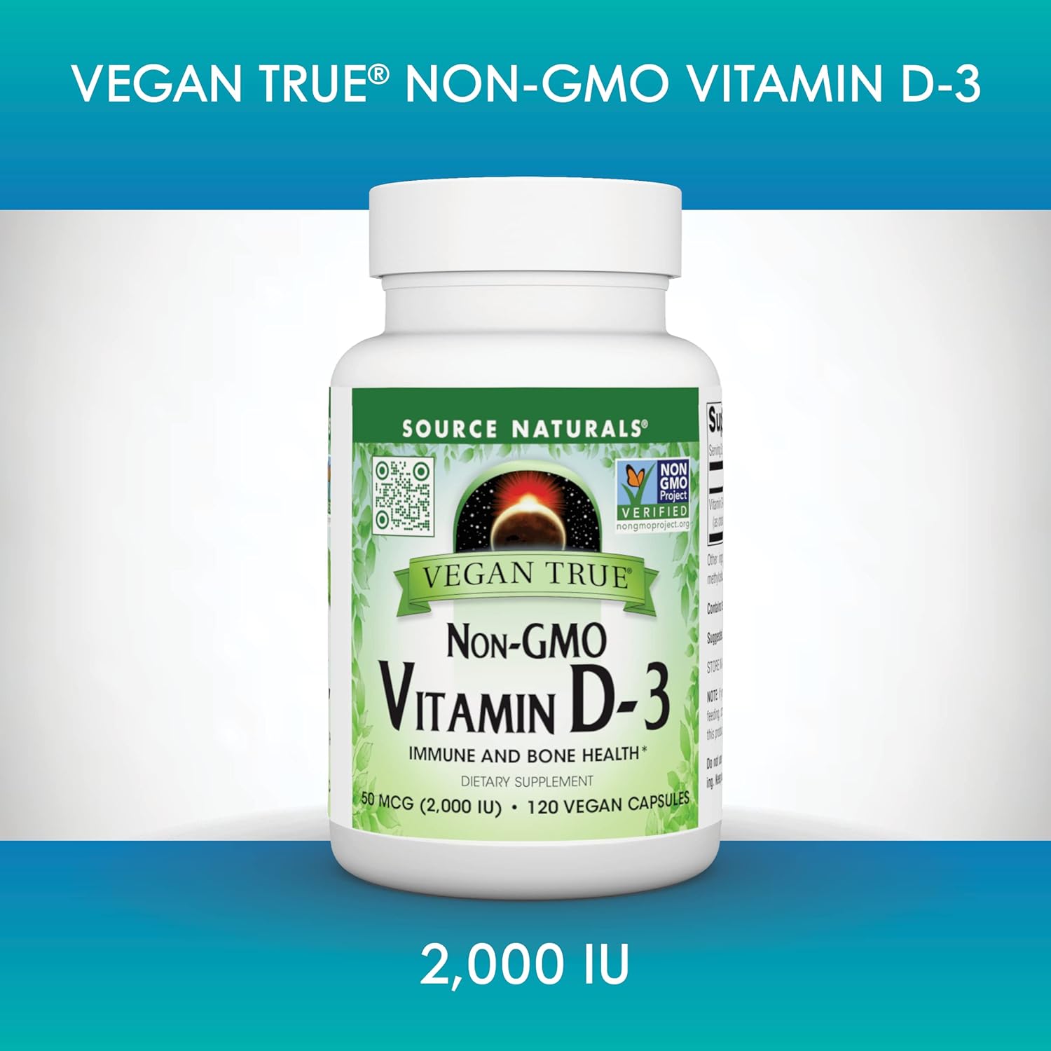Source Naturals Vegan True, Non-GMO Vitamin D-3, Dietary Supplement for Immune and Bone Health*, 2,000 IU - 90 Capsules