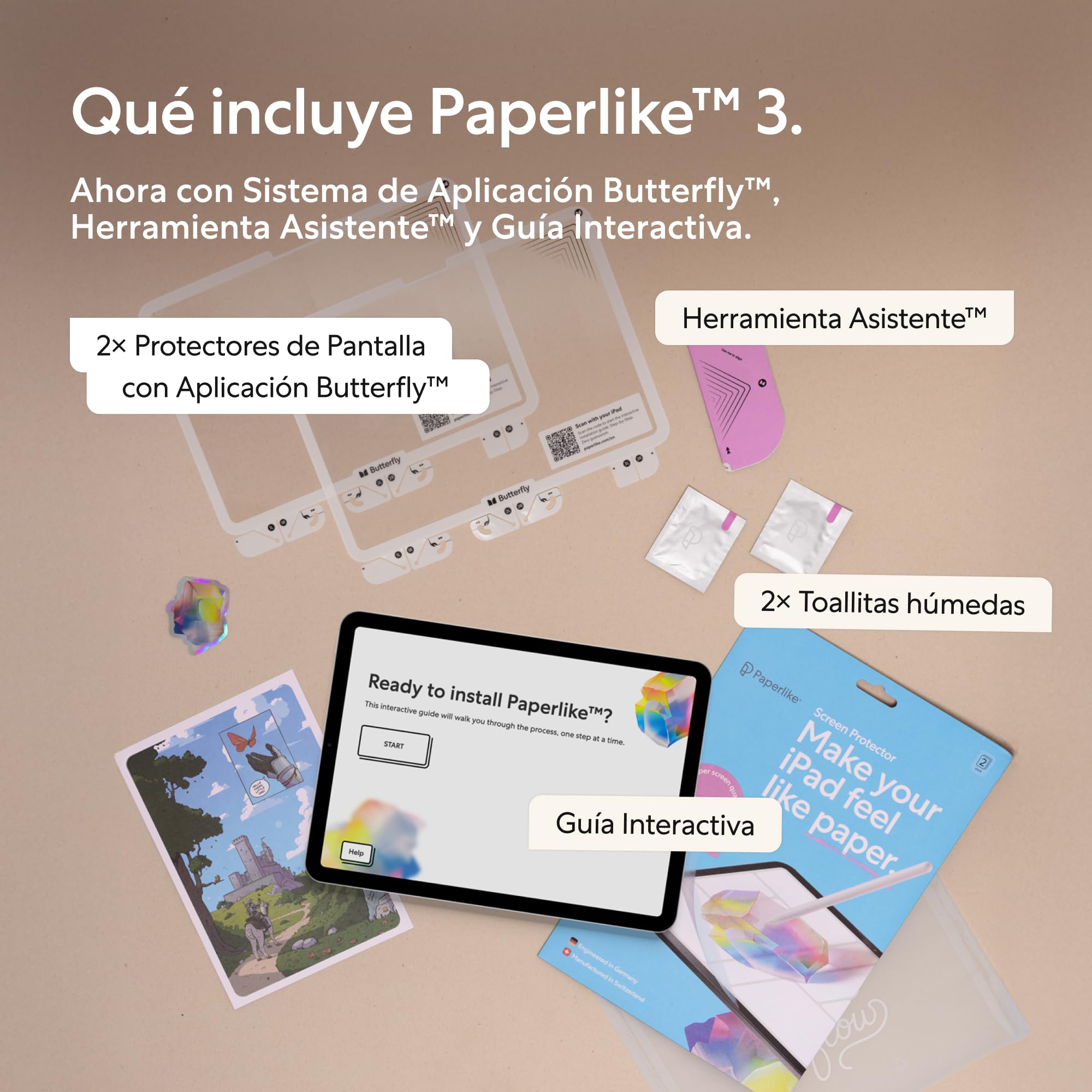 Paperlike® 3 Protector de Pantalla (2x) para iPad Air 13 pulgadas (M4 / M3 / M2) & iPad Pro 13 pulgadas (M5 / M4) – Efecto papel real, instalación sin burbujas (Butterfly), Protege la punta del Pencil
