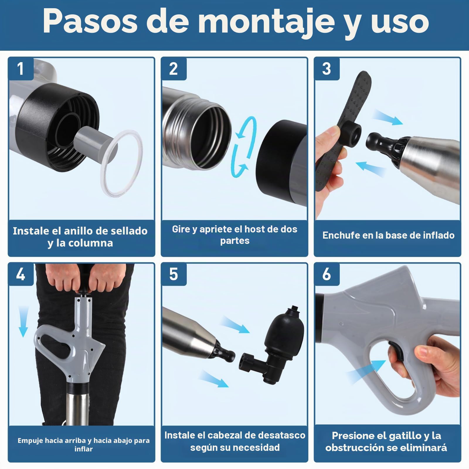 Limpiador de tuberías de aire comprimido, bomba desatascadora con compresión de aire e indicador de presión de aire, limpiador de tuberías de aire comprimido con 4 cabezales intercambiables para