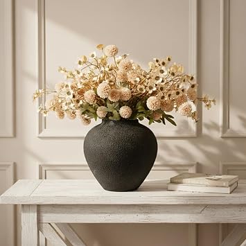 RyddeligHome Large Black Rustic Vase & Beige Flowers Decor Bundle Complete Floral Centerpiece Set, 10.6" Pottery Vase + 22 Faux Silk Stems, Farmhouse Boho Home Decor