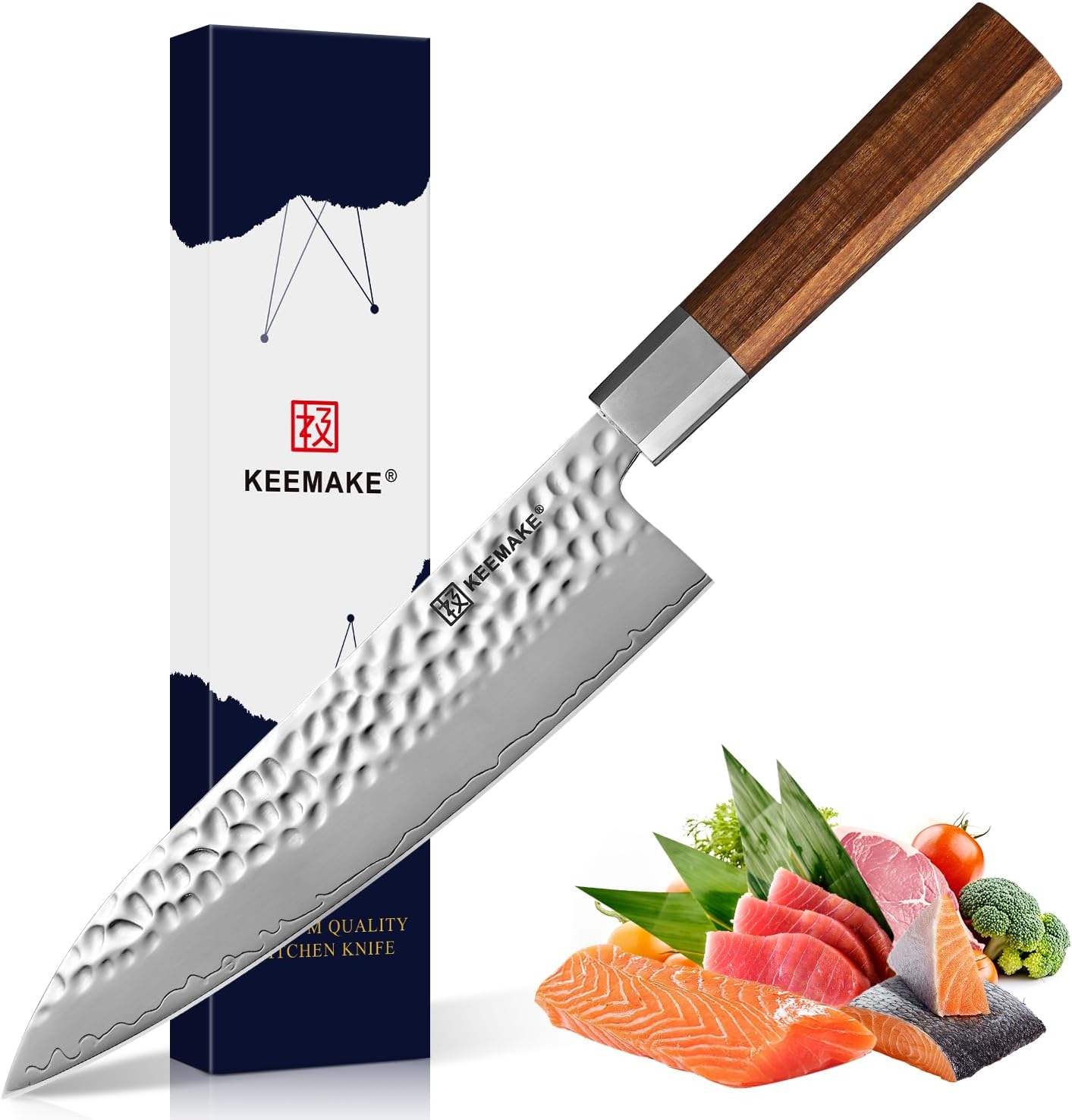 KEEMAKE Japanese Chef Knife 8 inch Sharp Kitchen Knife with w/octagon Ebony Handle, Forged German High Carbon Steel Gyuto Knife Cooking Knife-