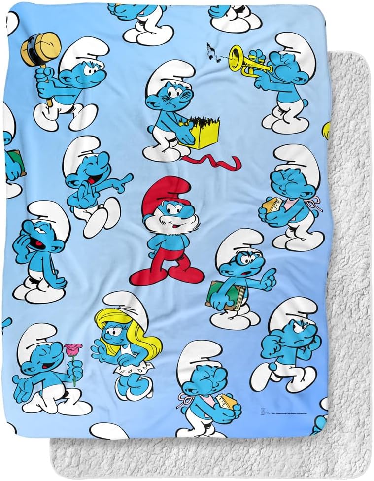 The Smurfs Blanket, 60"x80" Smurfs All Over Silky Touch Sherpa Back Super Soft Throw Blanket