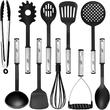 Kitchen Utensils Set, 10 Nylon Stainless Steel Cooking Utensils, Non Stick and Heat Resistant Cookware set New Chefs Gadget Tools Collection