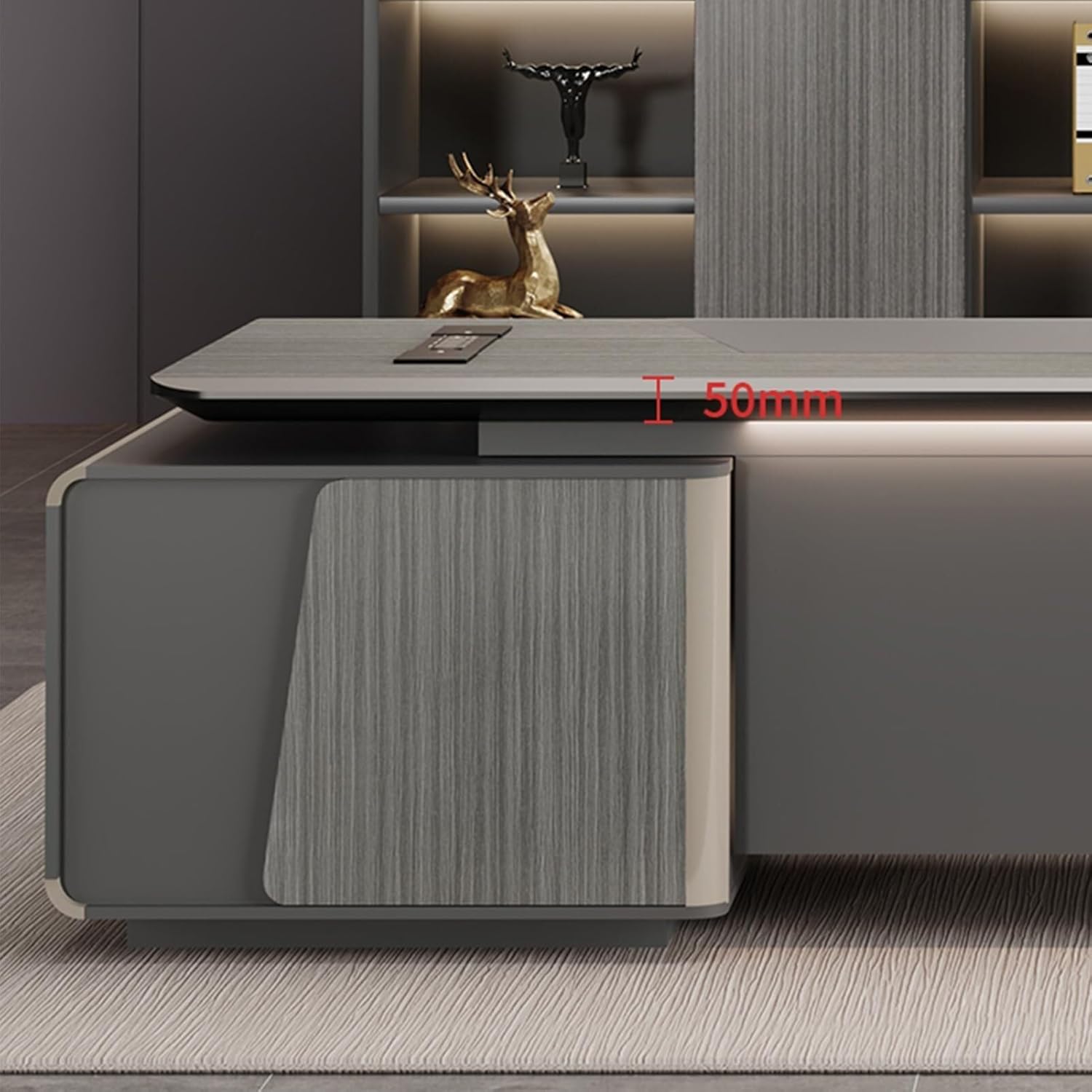 Modern L Shape Executive Desk with Light Strip Business Large Home Office Desks with Lateral Cabinet for CEO Boss Study Bedroom Furniture(86in)