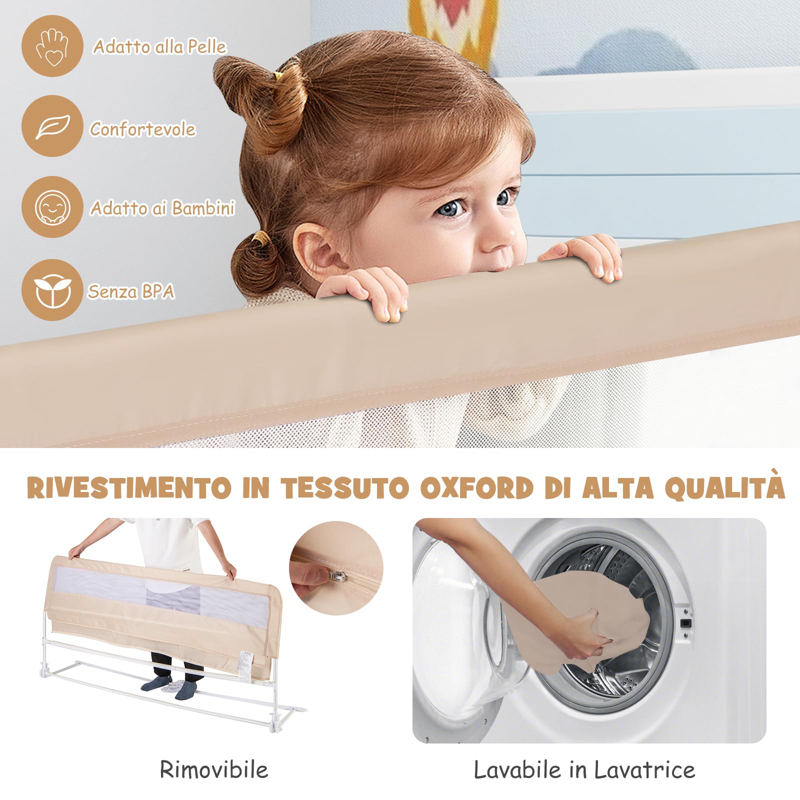RELAX4LIFE Sponda Letto per Bambini 180cm/150cm, Barriera di Sicurezza, Traspirante e Pieghevole, Sbarra Letto per Letti Singoli e Matrimoniali (180 x 41 x 55 cm,Beige)