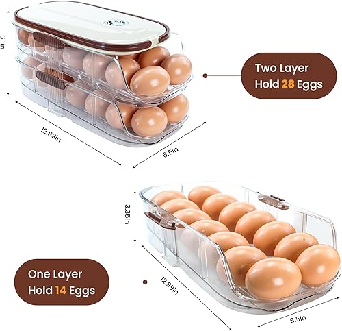 Vista 3 de Soporte para huevos para refrigerador, organizador automático de huevos para refrigerador, recipiente y bandeja de huevos de plástico transparente