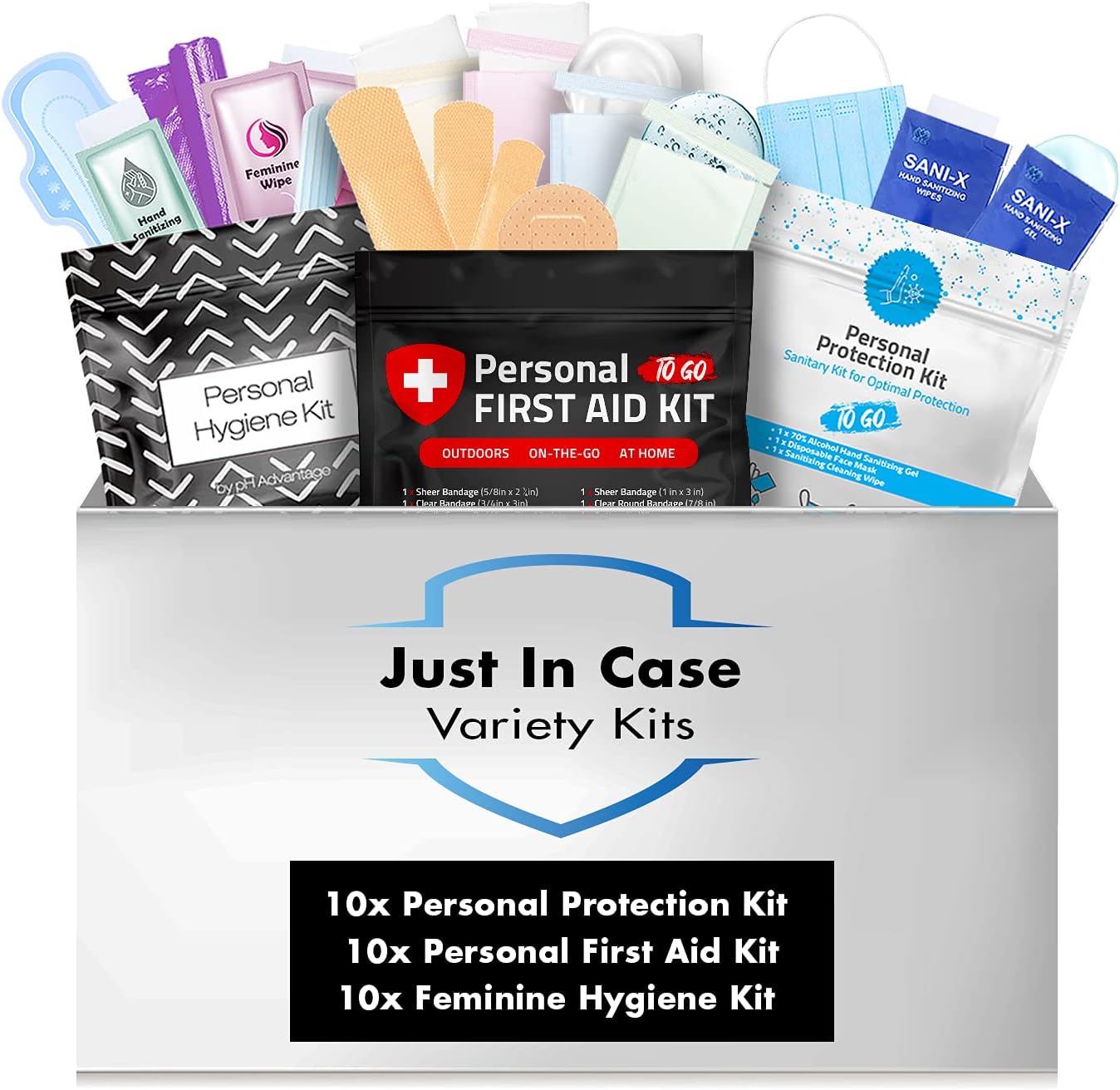 Just in Case Variety Pack | 30 Assorted Individual Personal Kits | Give the Gift of Convenience with these Charity Kits | Natural Disasters, Homeless, Friends and Family in Need (Black Treads & Black)