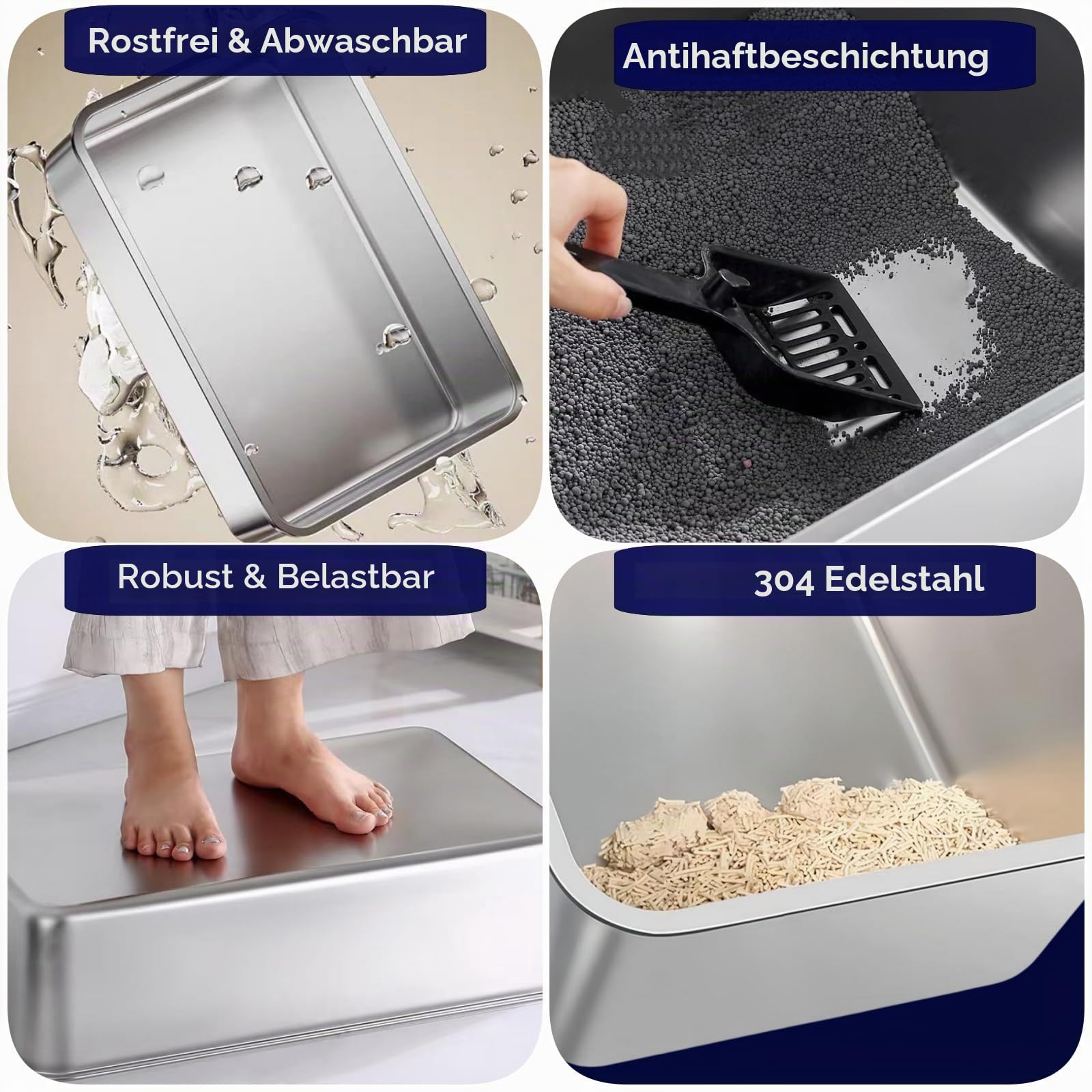 Edelstahl Katzentoilette 2er Set mit hohem Rand | geruchsneutral & leicht zu reinigen | rutschfeste Metallwanne für Katzen und Kleintiere, 50cm×35cm×15cm