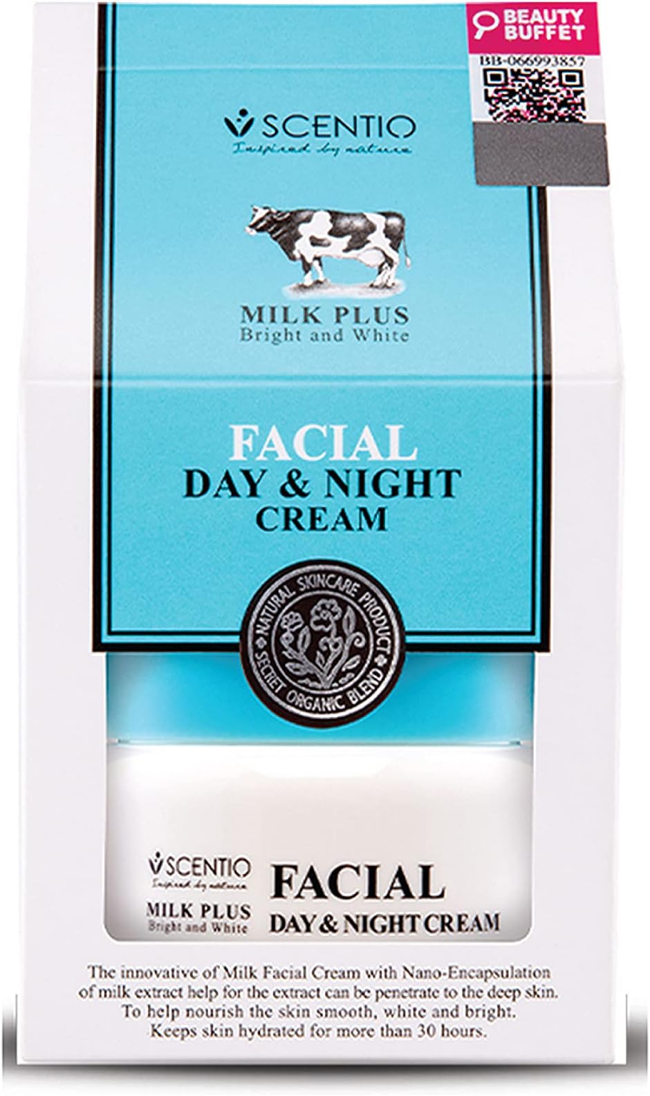 Scentio Milk Plus Organic Whitening Face Day AND Night Cream, (Made in THAILAND) with 30 Hours of hydration for Face Cream with quick absorption. 50 ML