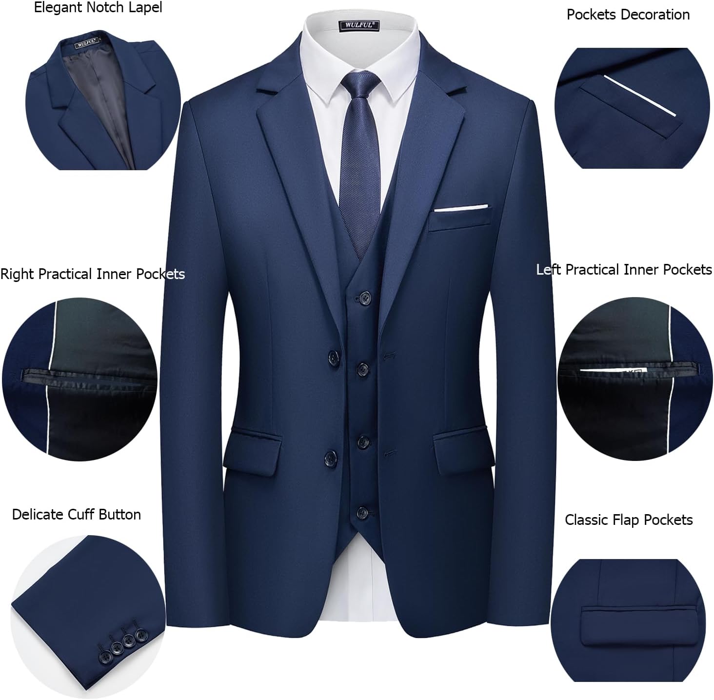 WULFUL Men's 3 Piece Slim Fit Suit Set Two Button Blazer Jacket Vest Pants... - Picture 74 of 95