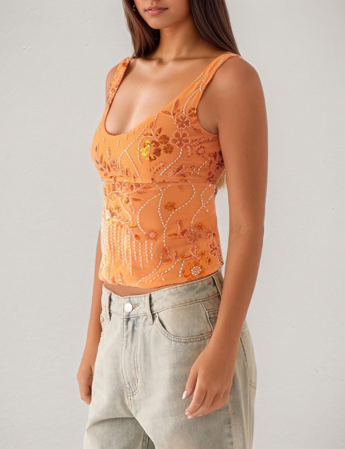 MISSACTIVER Women Y2K Sequin Cami Top Sparkly Beaded Rhinestone Scoop Neck Tank Top Open Back Wide Strap Crop Tops Party