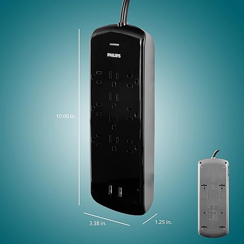 Miniatura 6 de Philips Regleta protectora contra sobretensiones de 10 tomas, 2 puertos de carga USB, cable de alimentación de 6 pies de largo, enchufe plano,