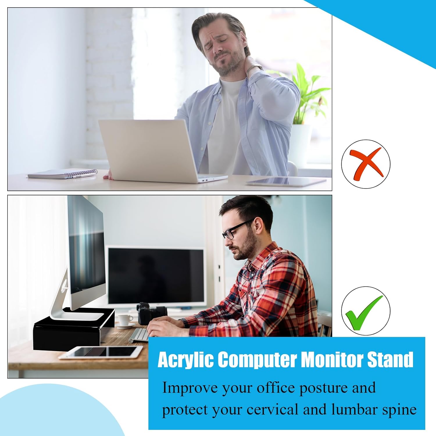 Jetec 2 Pcs Acrylic Monitor Stand Desktop Video Acrylic Monitor Riser Desk Shelf Computer Stand for Laptop TV Computer Screen Desk Organizer Teacher's Day Supplies (Black, 20 x 8 x 3 Inch)