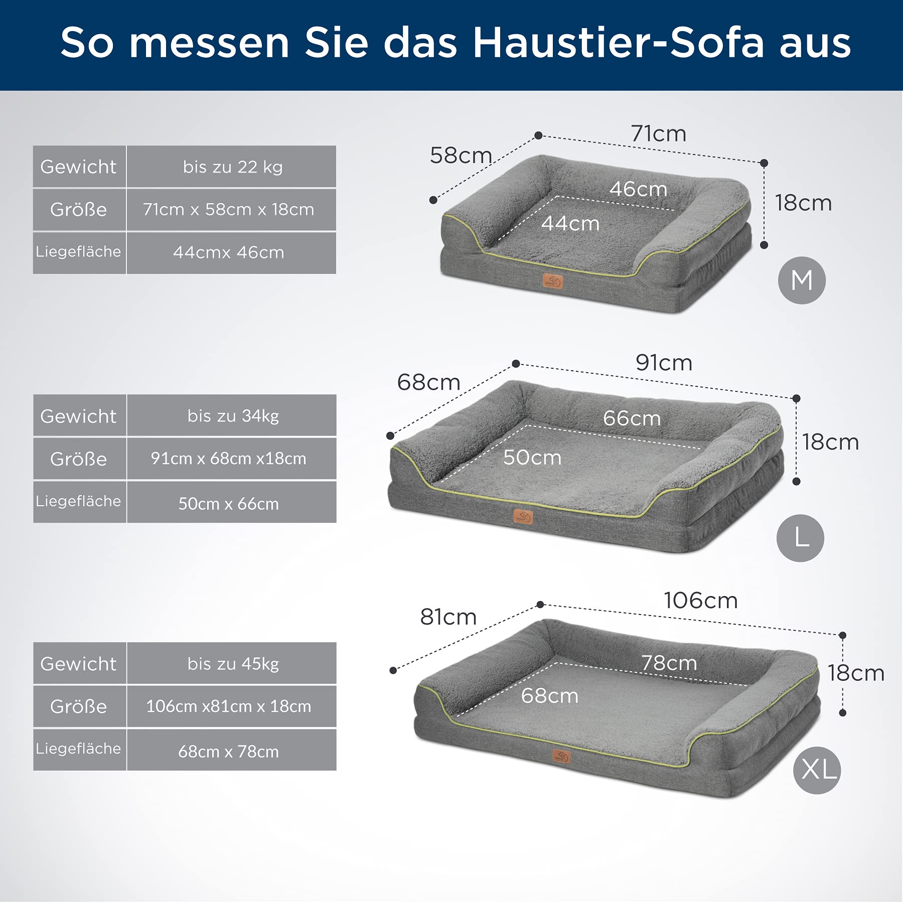 BEDSURE orthopädisches Hundebett große Hunde - Hundesofa mit eierförmiger Kistenschaum, kuschelig Schlafplatz in Größe 71x58 cm, waschbare Hundesofa, grau
