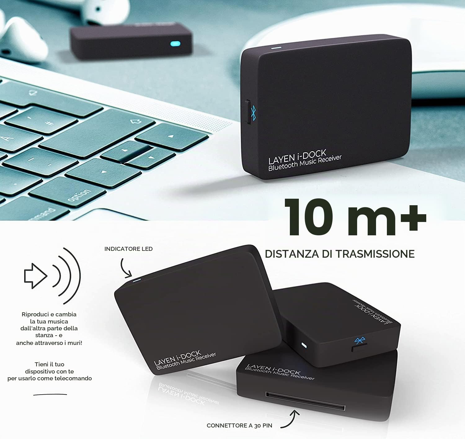 LAYEN i-DOCK 30 Pin Ricevitore Hi-Fi Adattatore Bluetooth Musica stereo wireless con aptX e multi coppia (non adatto per auto)