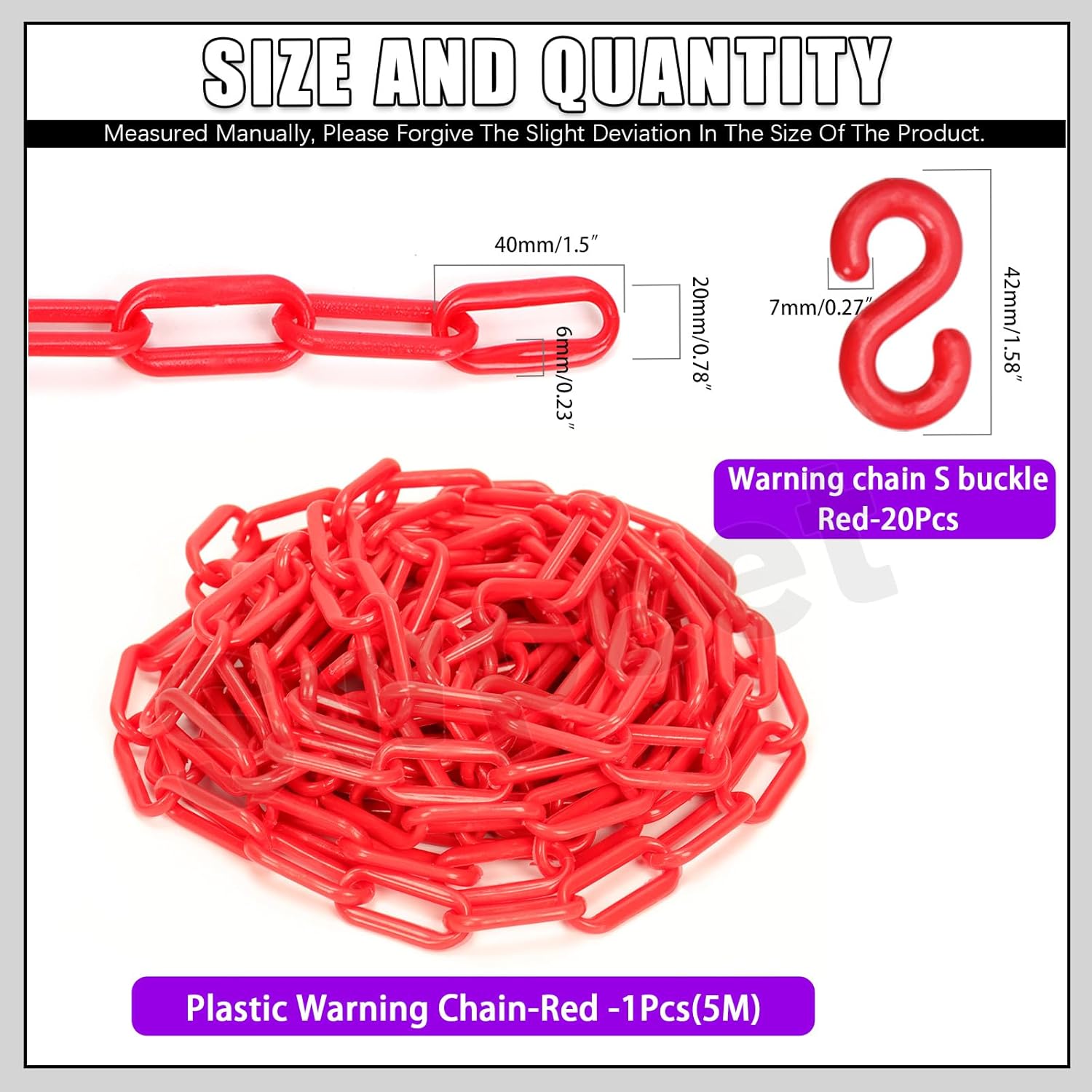 Swpeet Chain Link Fence, Plastic Chain Barrier for Crowd Control, Traffic, Queuing Line (Red) 21 Pieces 5 m x 6 mm Plastic Chain Links with S-Hook Plastic Chain Barrier Safety Barrier Chain